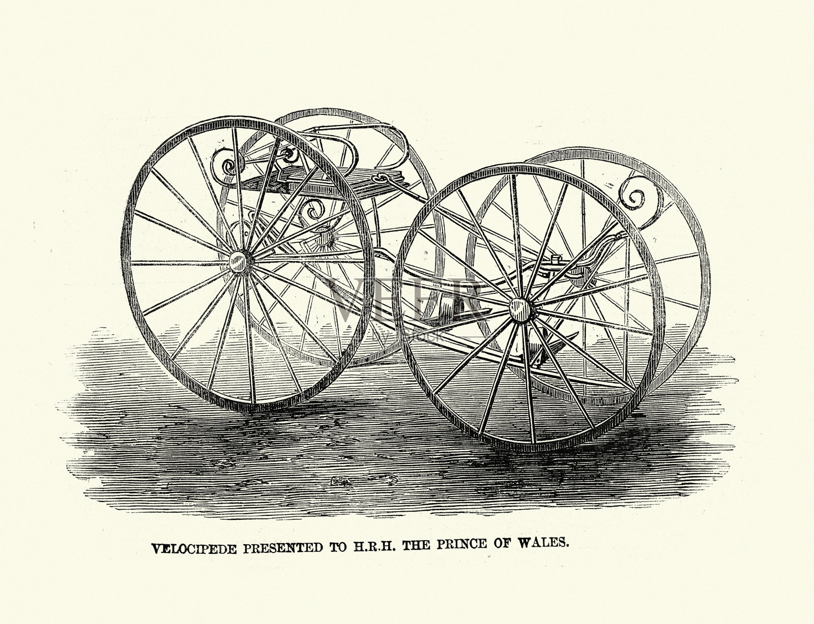 古插图的Velocipede人力陆地车辆，历史维多利亚工程，19世纪50年代19世纪插画图片素材