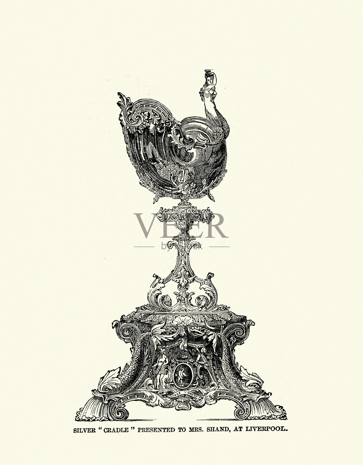 19世纪50年代，维多利亚时代，利物浦，送给尚德夫人的银色摇篮复古插图插画图片素材