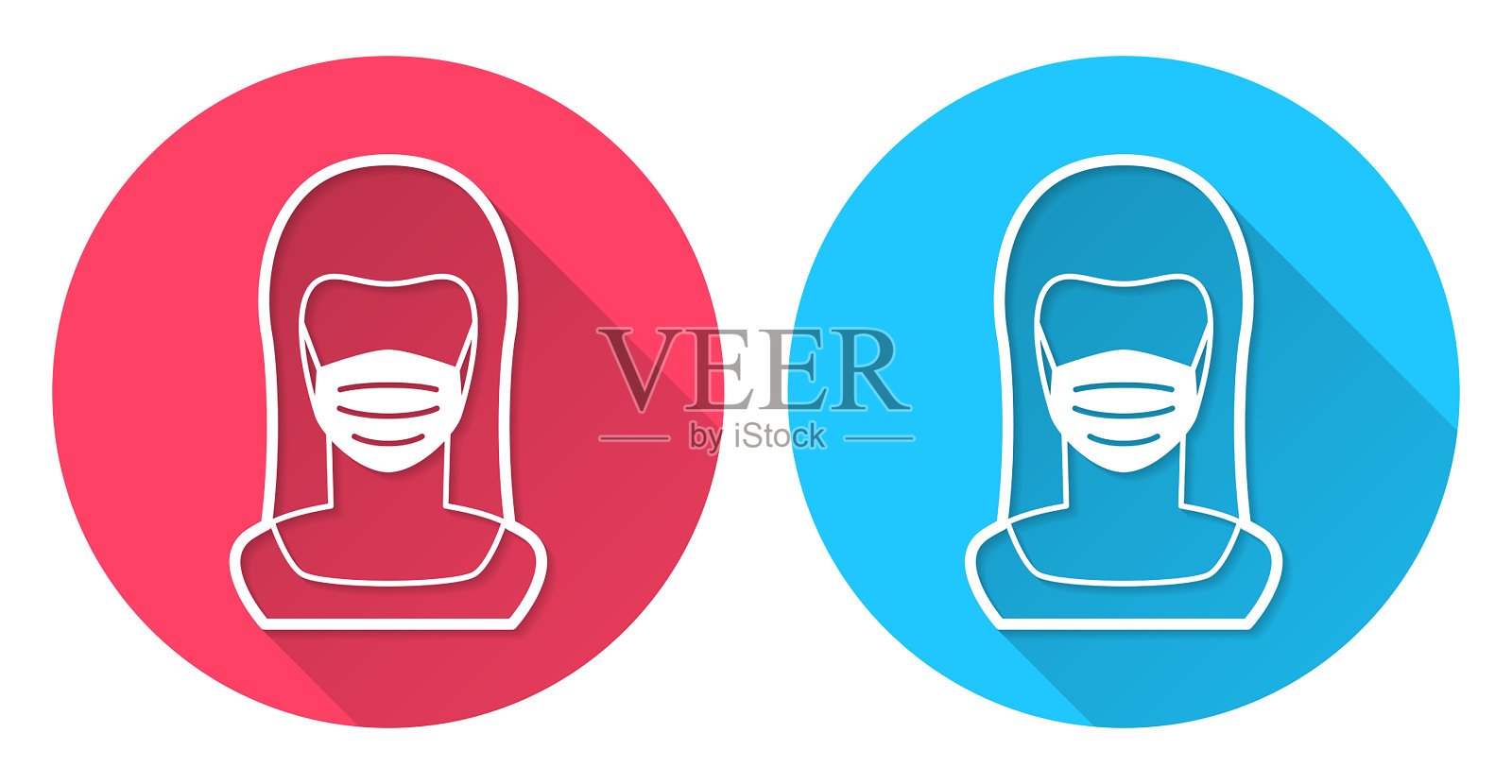 戴医用面罩的妇女。圆形图标与长阴影在红色或蓝色的背景插画图片素材