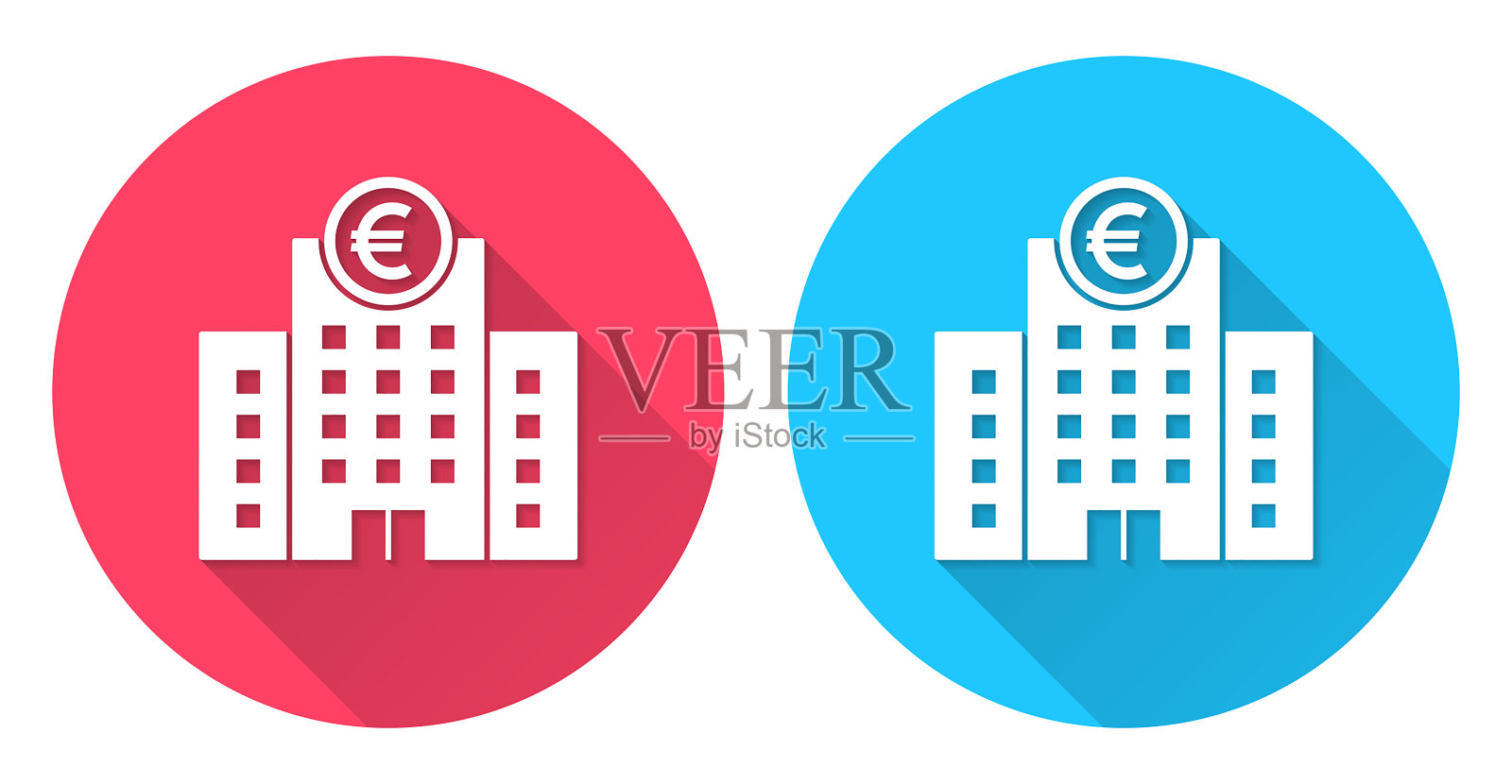 有欧元标志的银行。圆形图标与长阴影在红色或蓝色的背景插画图片素材