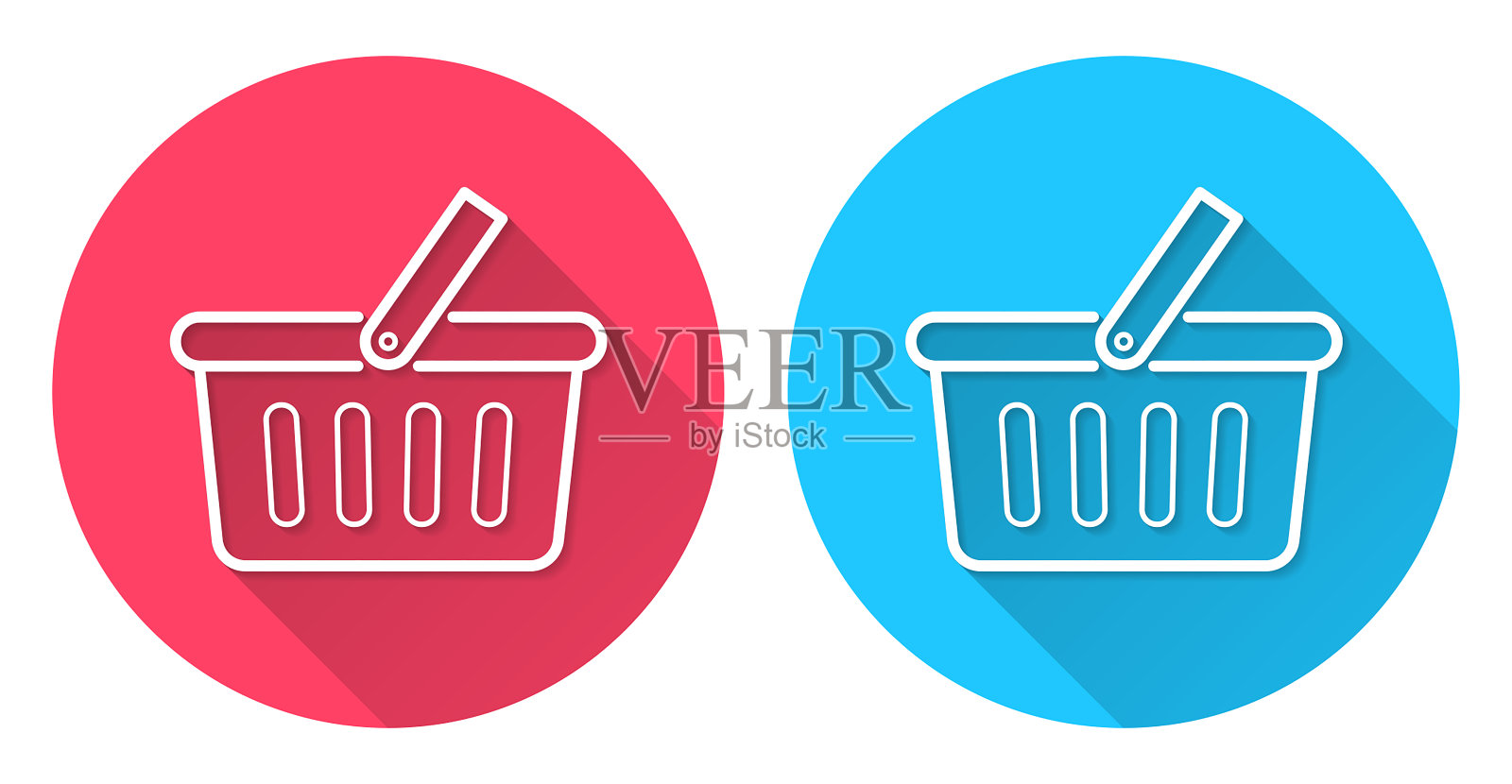 购物篮。圆形图标与长阴影在红色或蓝色的背景插画图片素材