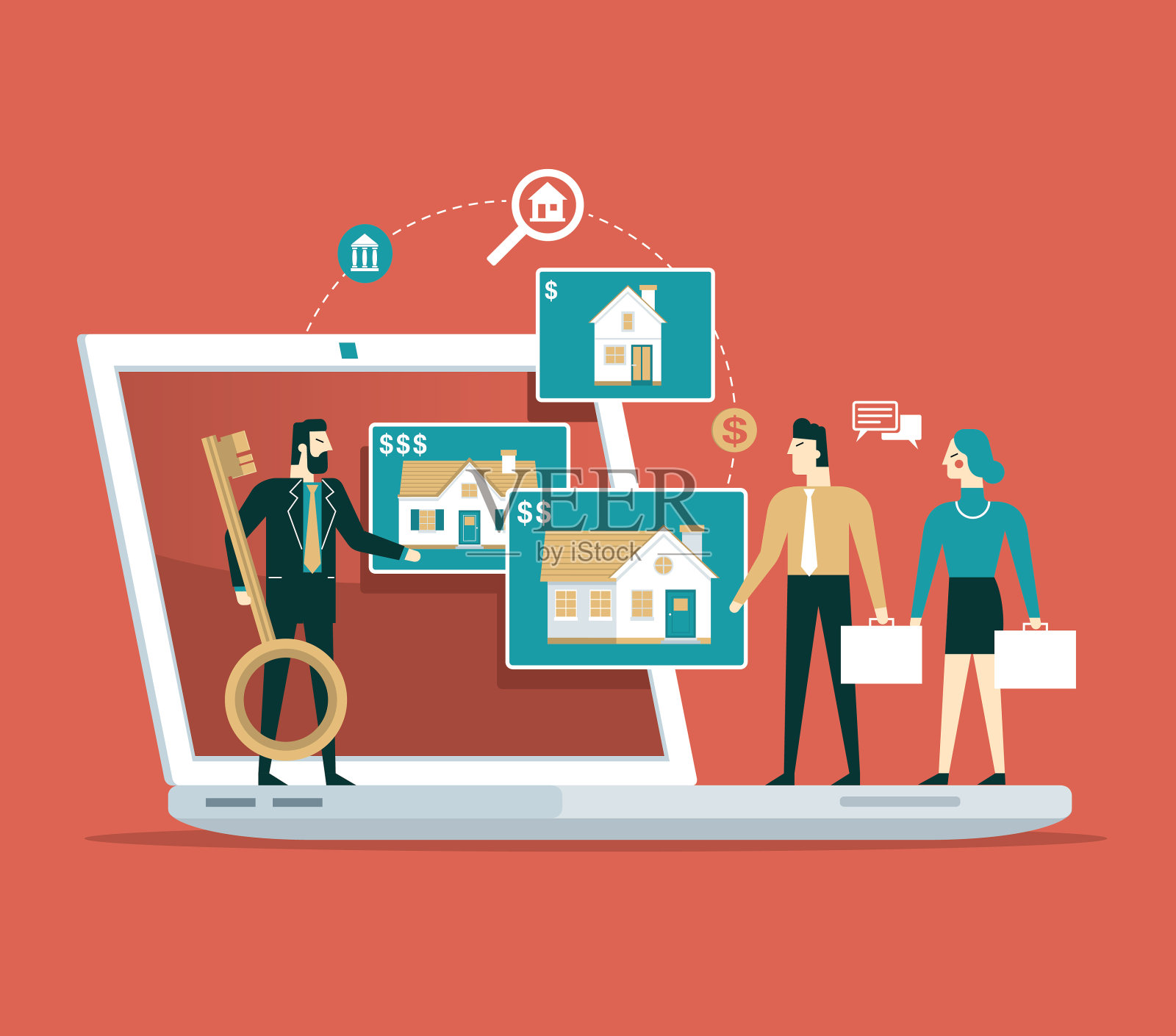 在线搜索房屋-笔记本电脑插画图片素材