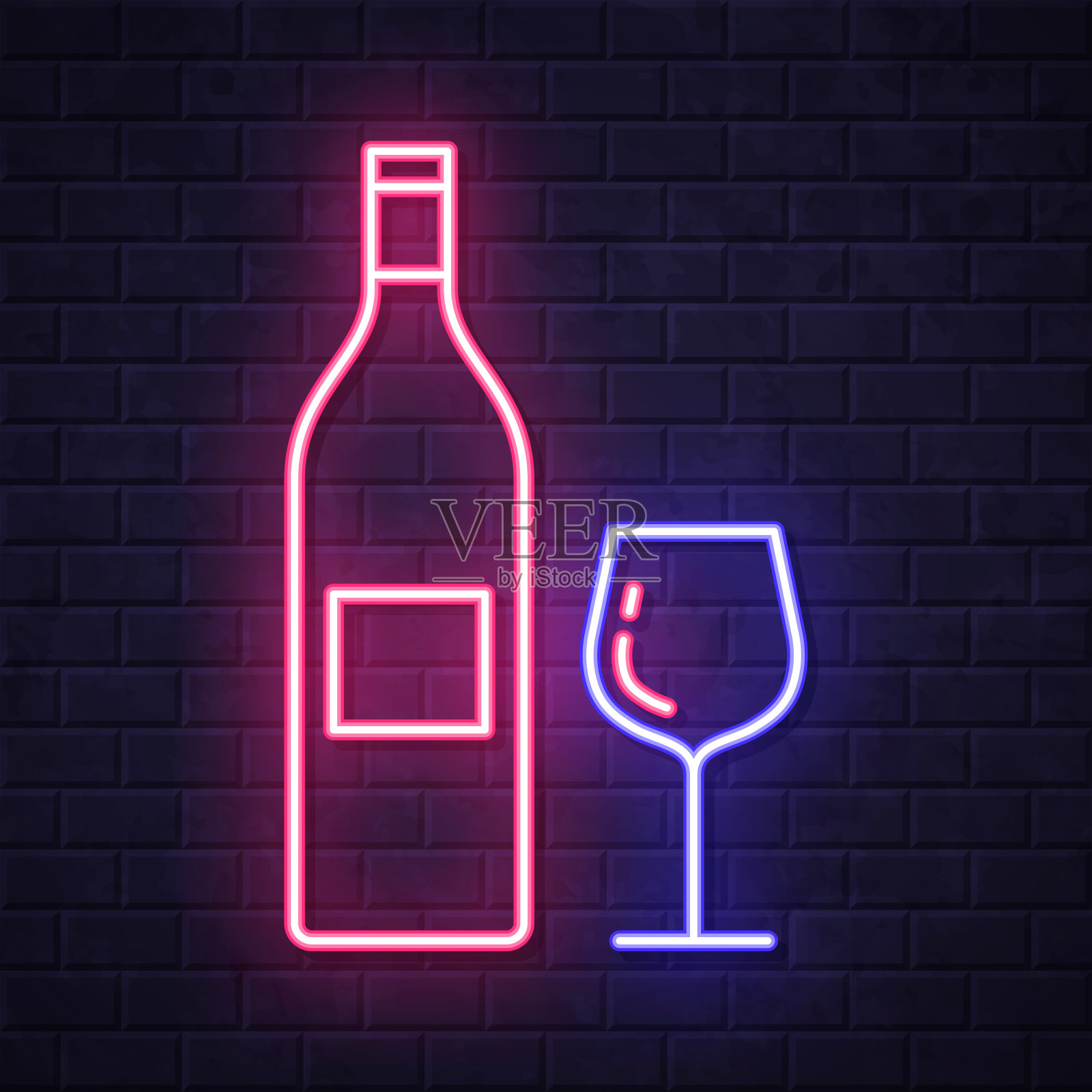 酒瓶和酒杯。在砖墙背景上发光的霓虹灯图标插画图片素材