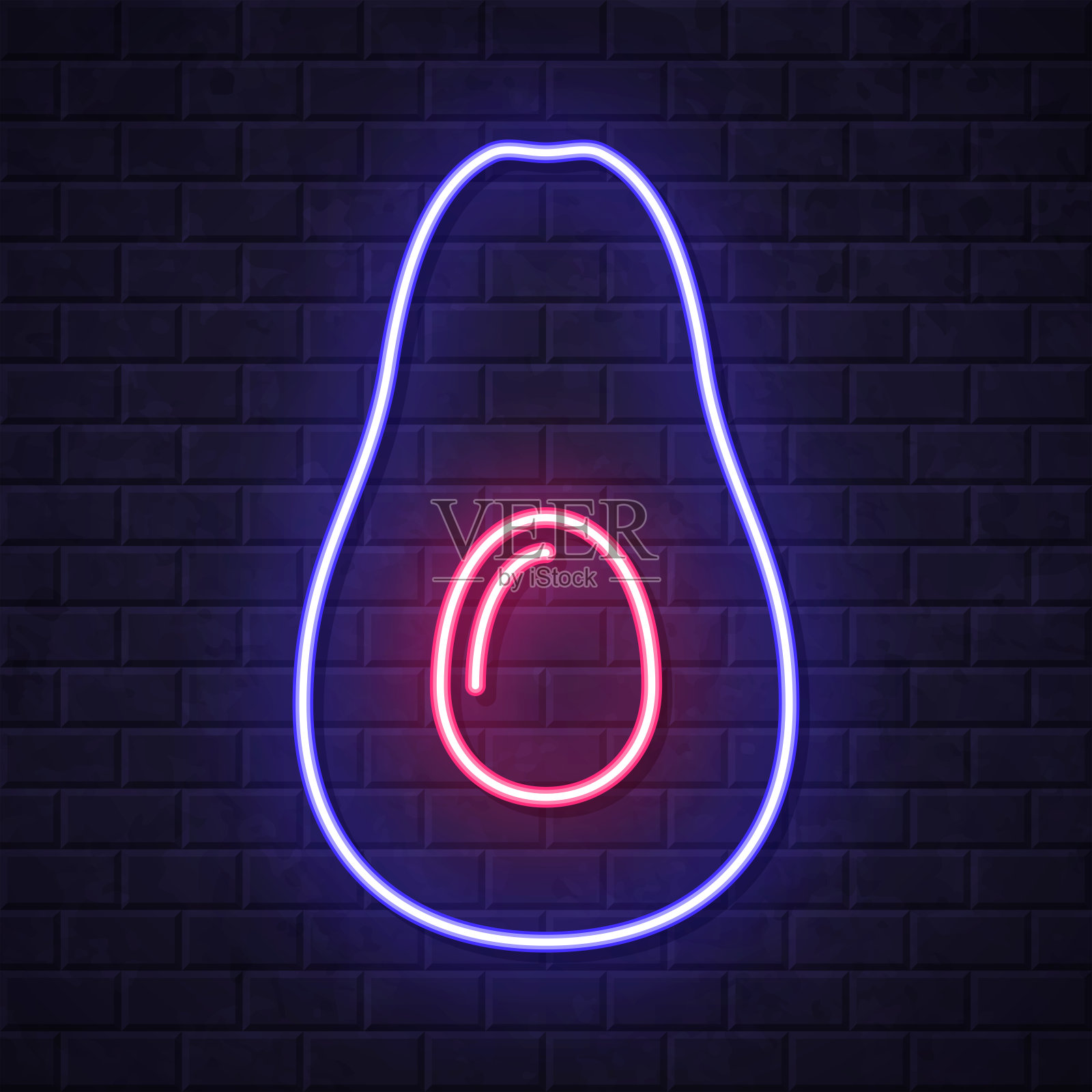 鳄梨。在砖墙背景上发光的霓虹灯图标插画图片素材