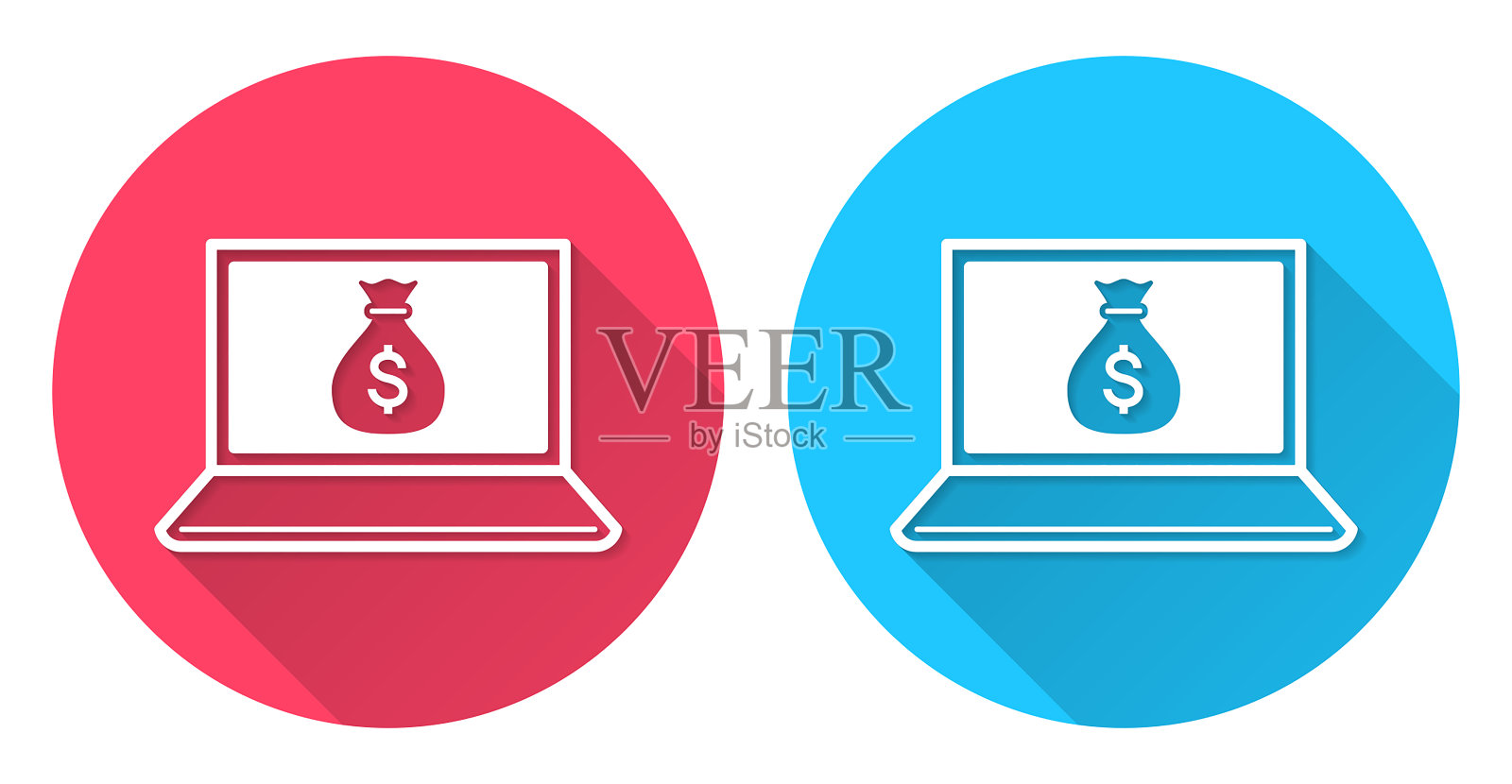 带钱包的笔记本电脑。圆形图标与长阴影在红色或蓝色的背景插画图片素材