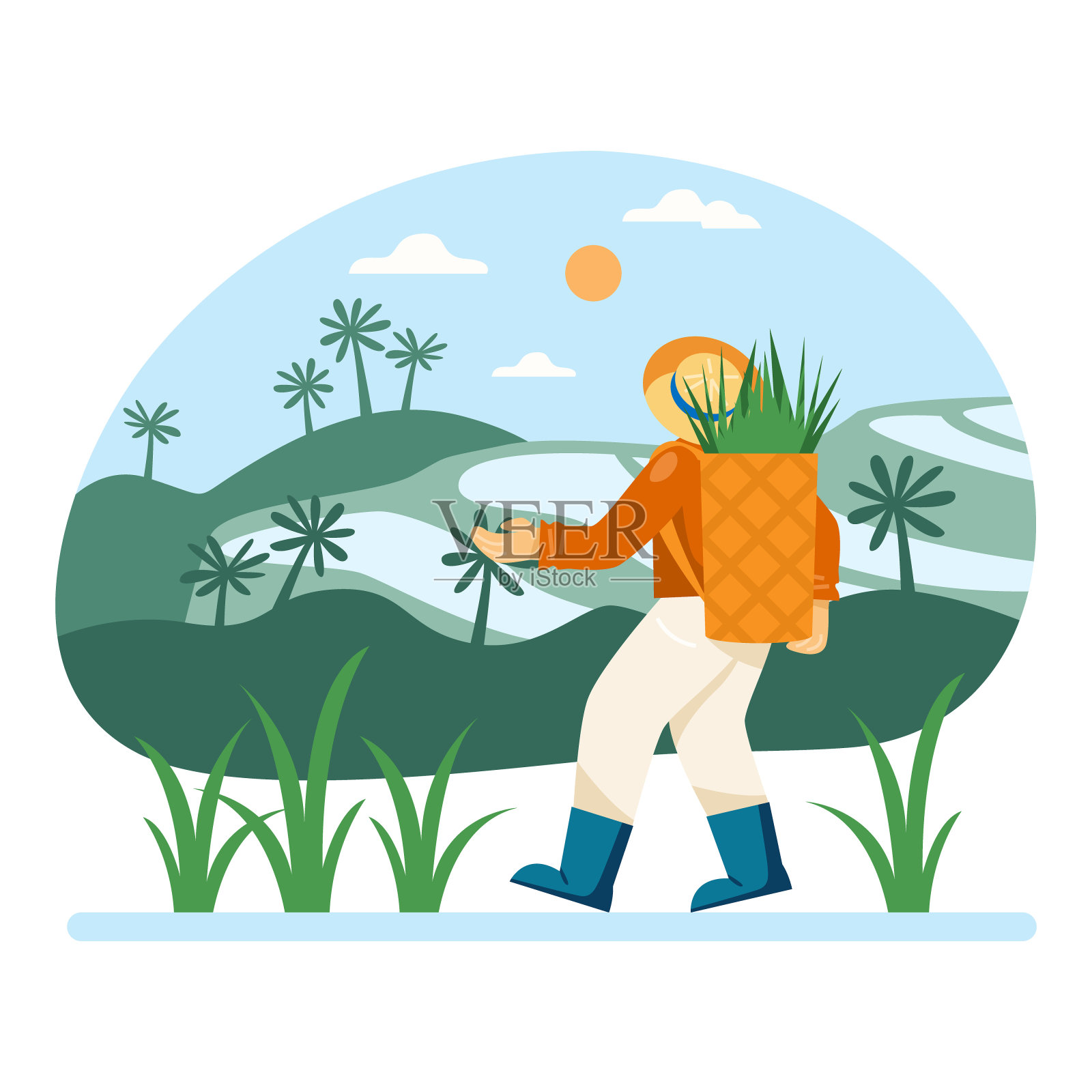 穿着制服背着背包的工人在稻田里收集绿色植物插画图片素材