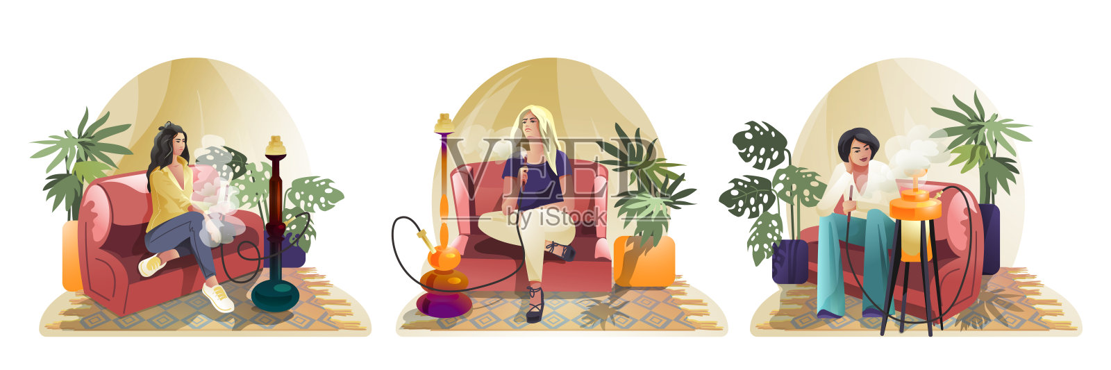 一组女性坐在车厢里抽烟。水烟酒吧俱乐部插画图片素材
