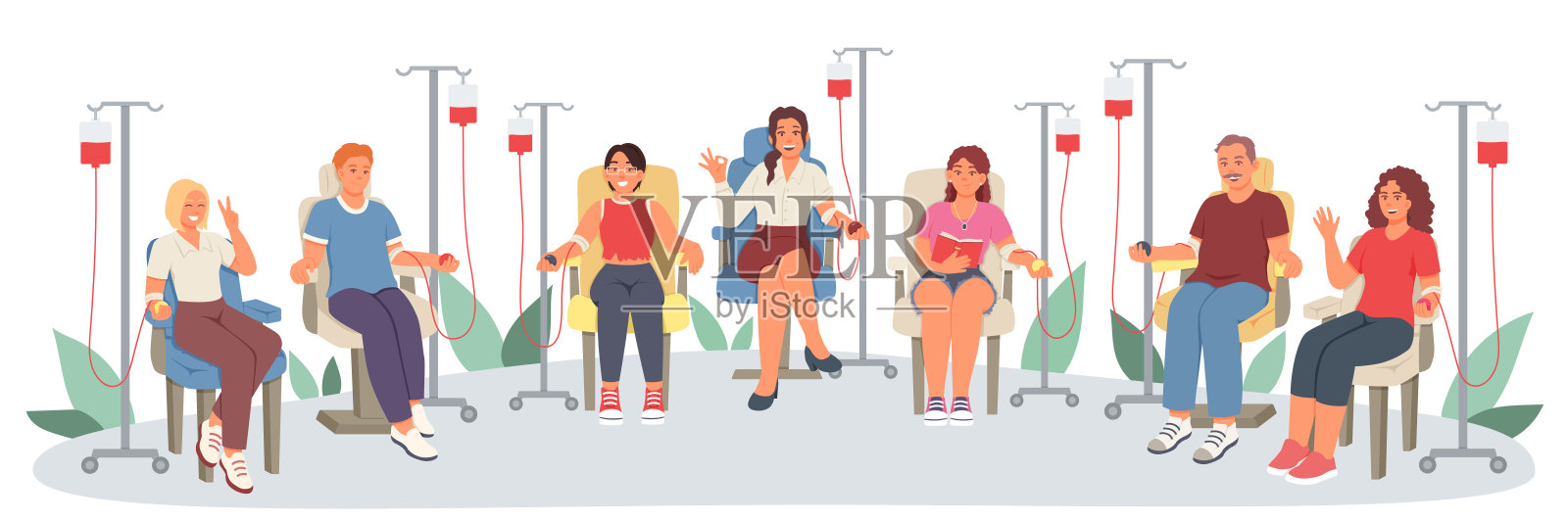 一群男人和女人坐在病房里献血。社会活跃青年插画图片素材