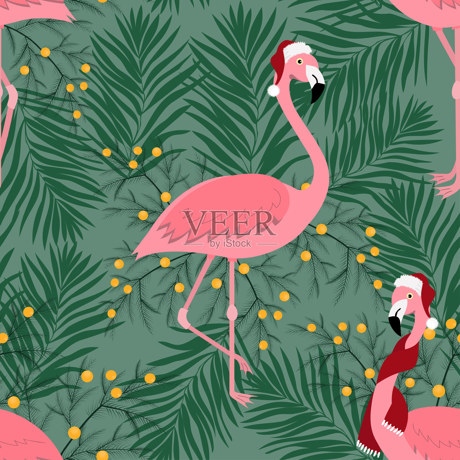 与火烈鸟和松树无缝冬季图案插画图片素材