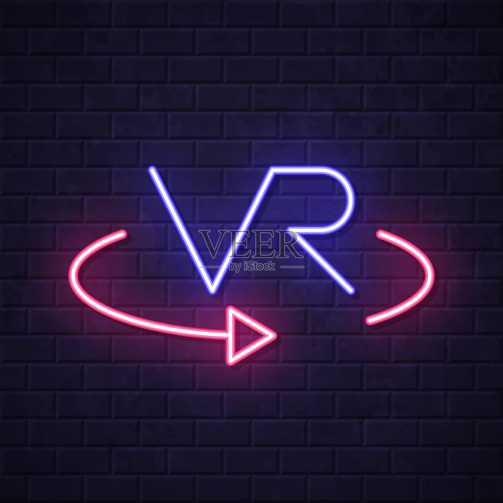 虚拟现实。在砖墙背景上发光的霓虹灯图标插画图片素材