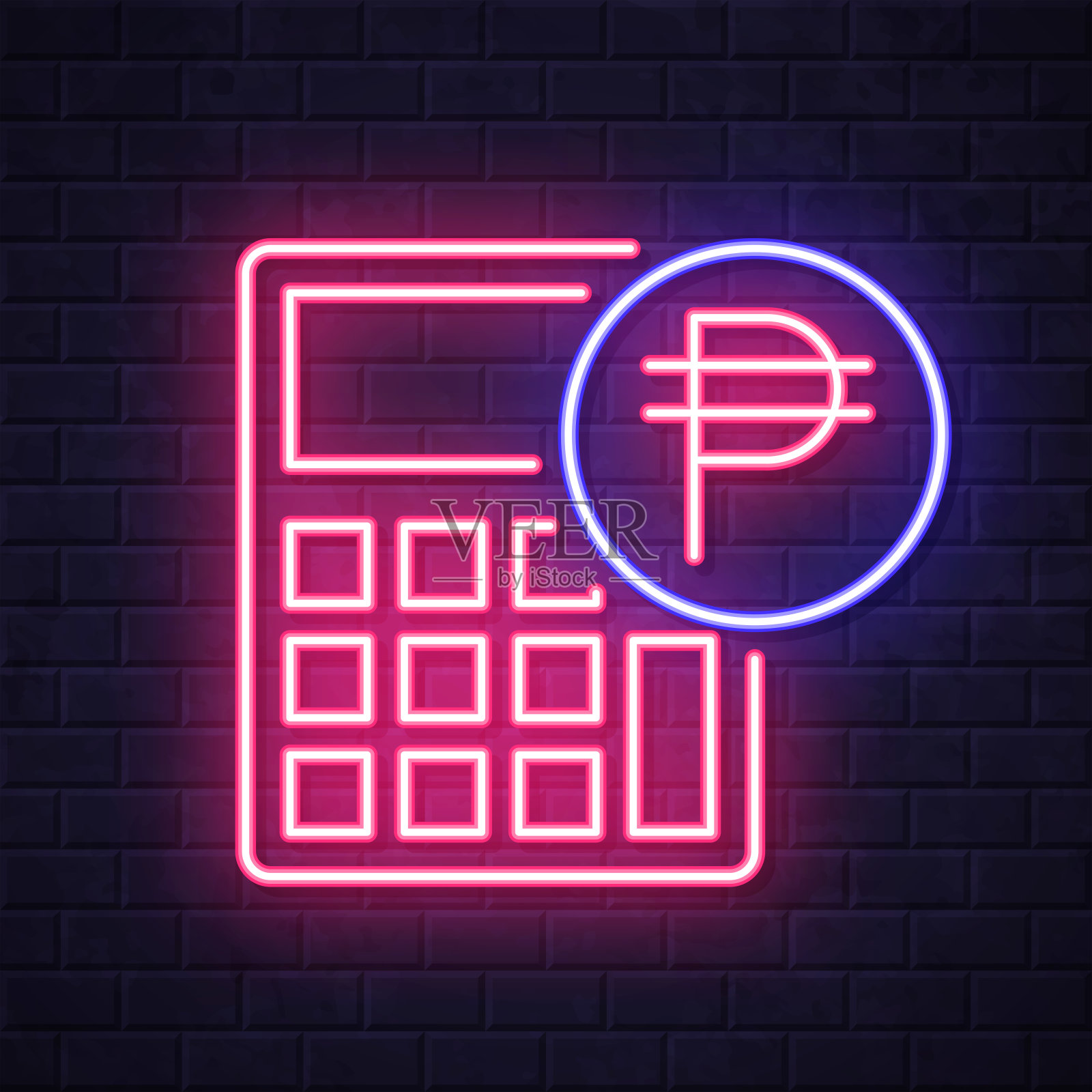 带有比索标志的计算器。在砖墙背景上发光的霓虹灯图标插画图片素材