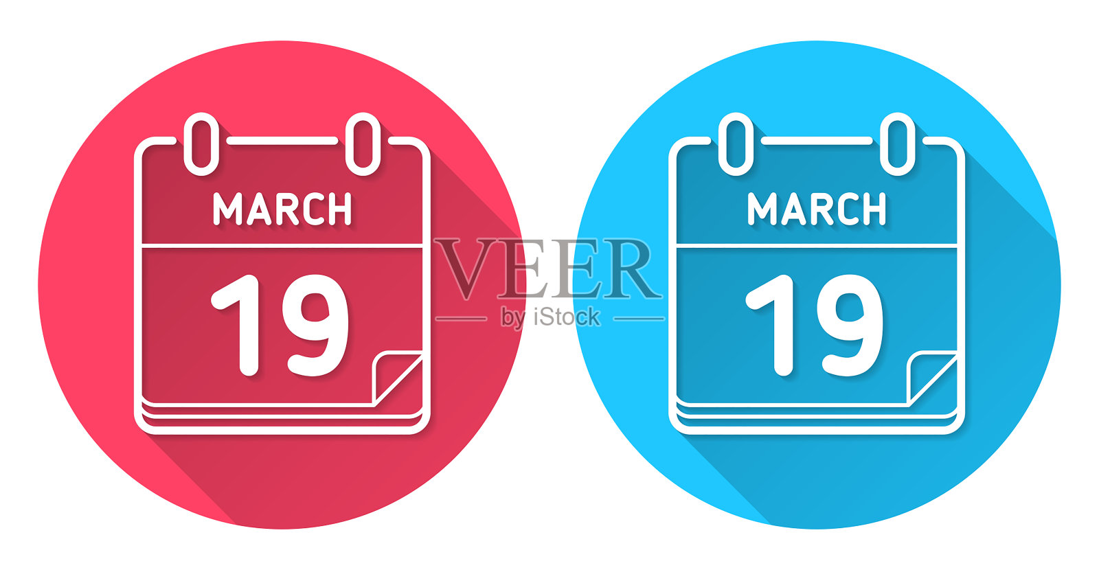 3月19日。圆形图标与长阴影在红色或蓝色的背景插画图片素材