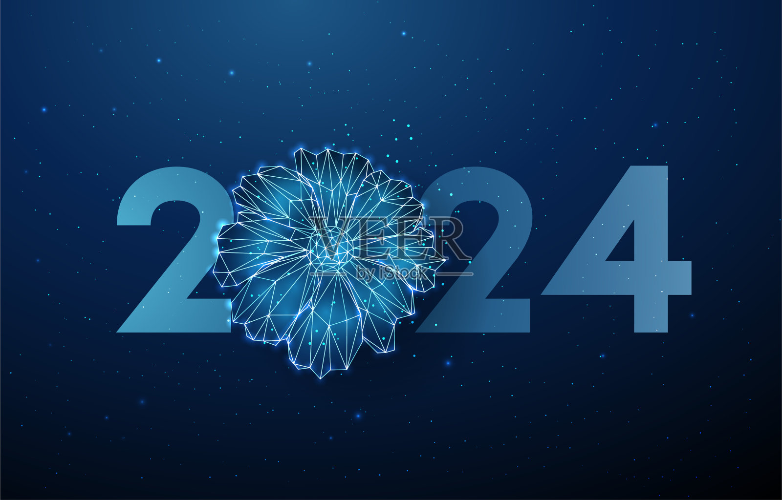 抽象的蓝色花朵和数字2024年。贺卡。低聚风格设计。抽象几何背景。插画图片素材