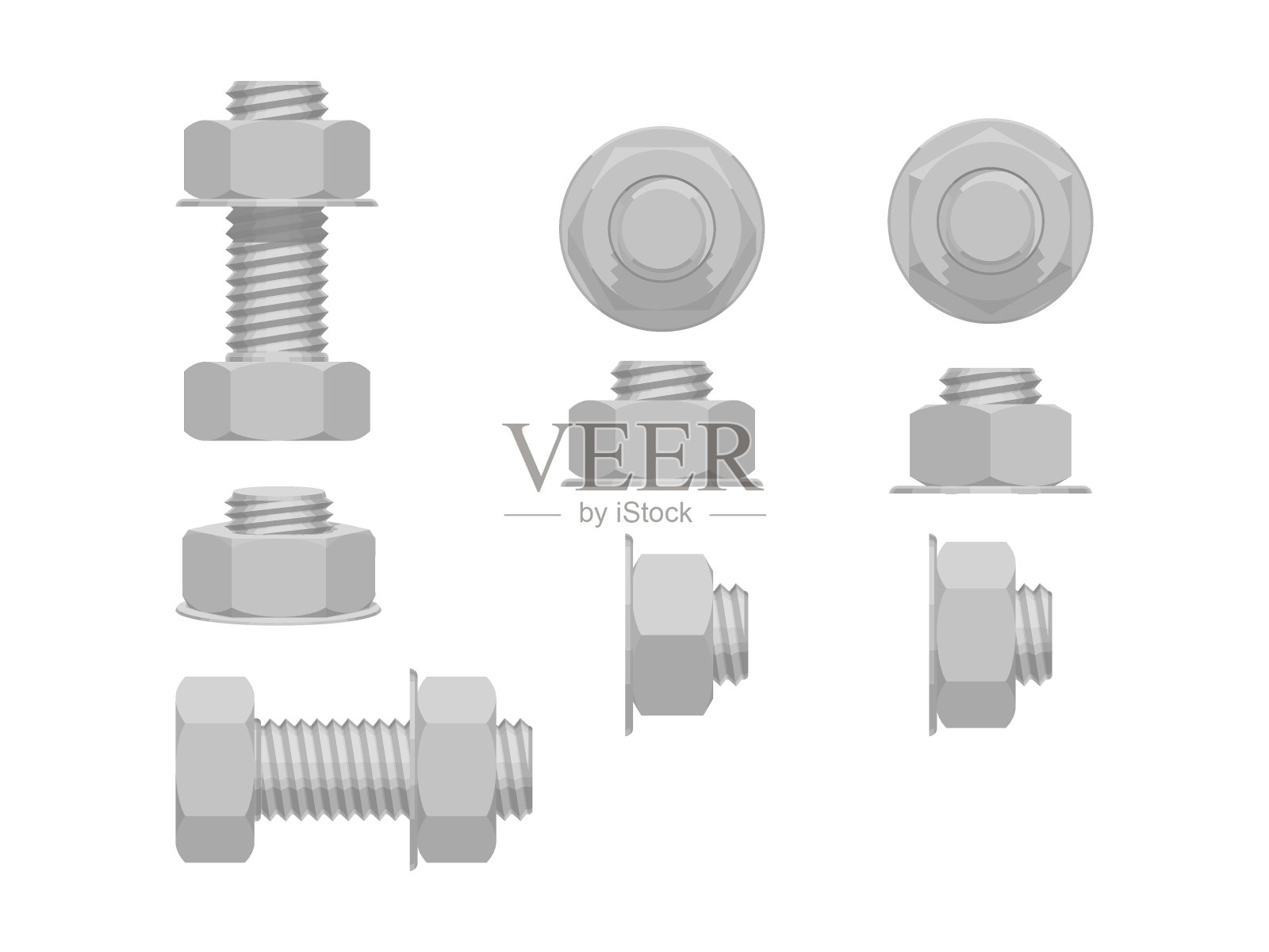 白色背景上的一套六角螺母和螺钉总成插画图片素材