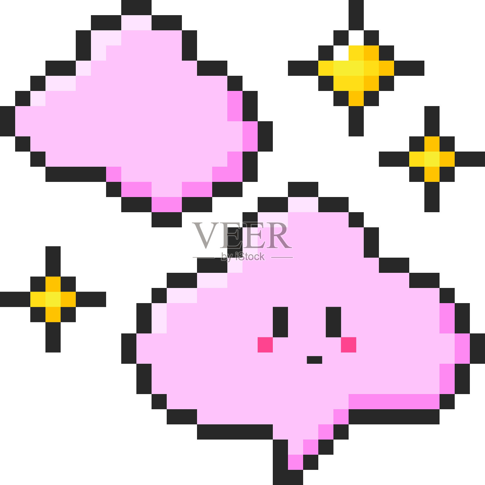 像素艺术云和星星，y2k游戏美学。矢量8位复古风格插图卡片，社交媒体，横幅，贴纸。在透明的背景上隔离。插画图片素材