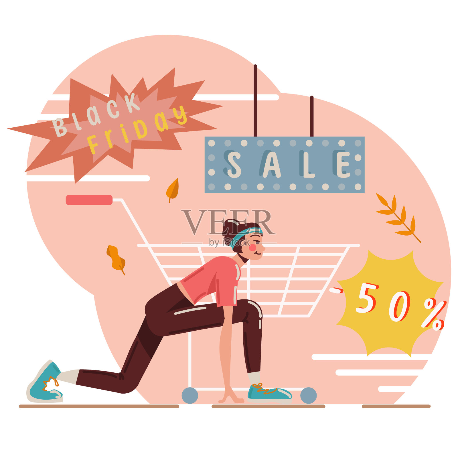 爱运动的年轻女性准备在黑色星期五跑到商店买东西插画图片素材