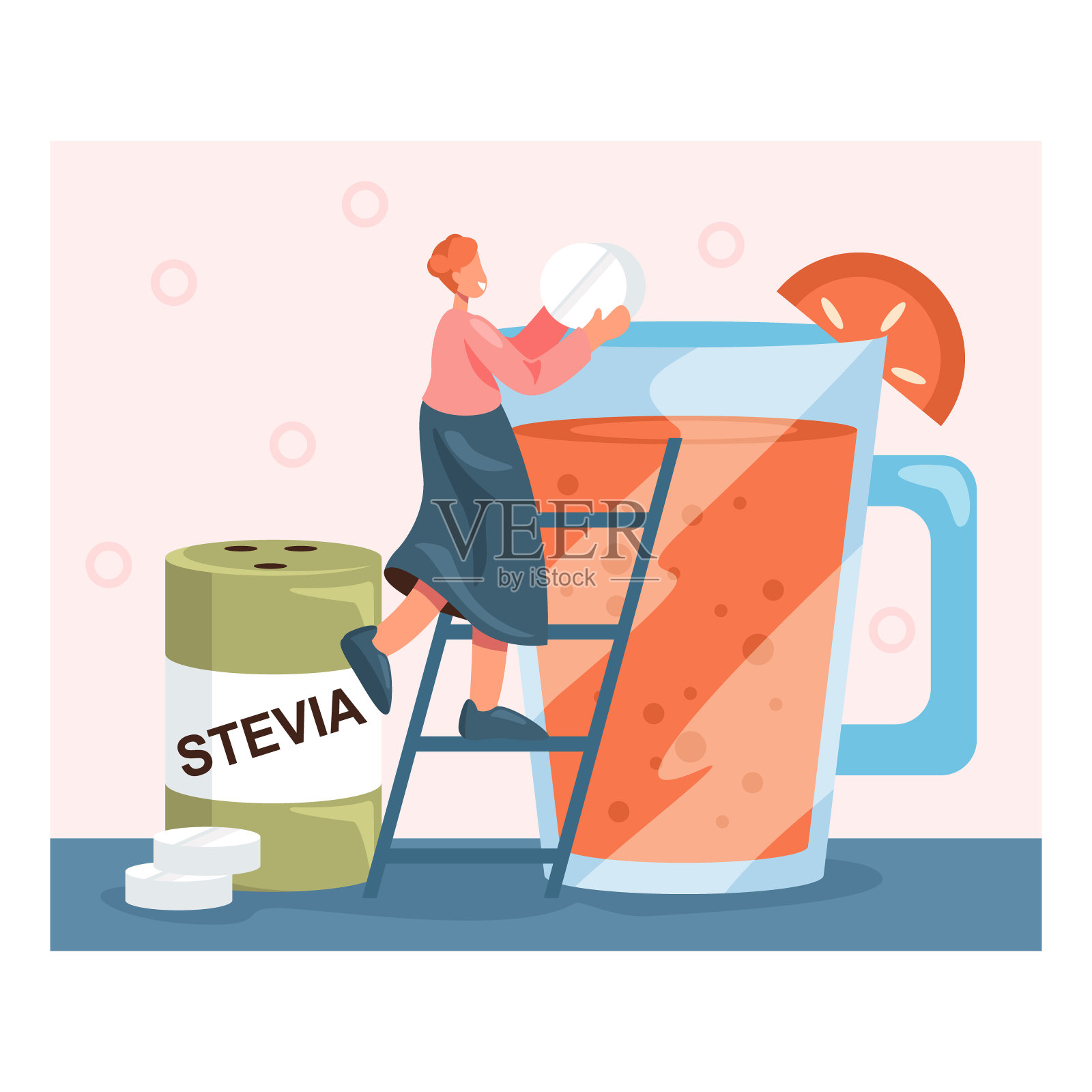 一位女士站在楼梯上，旁边是一杯加了甜叶菊药片的果汁插画图片素材