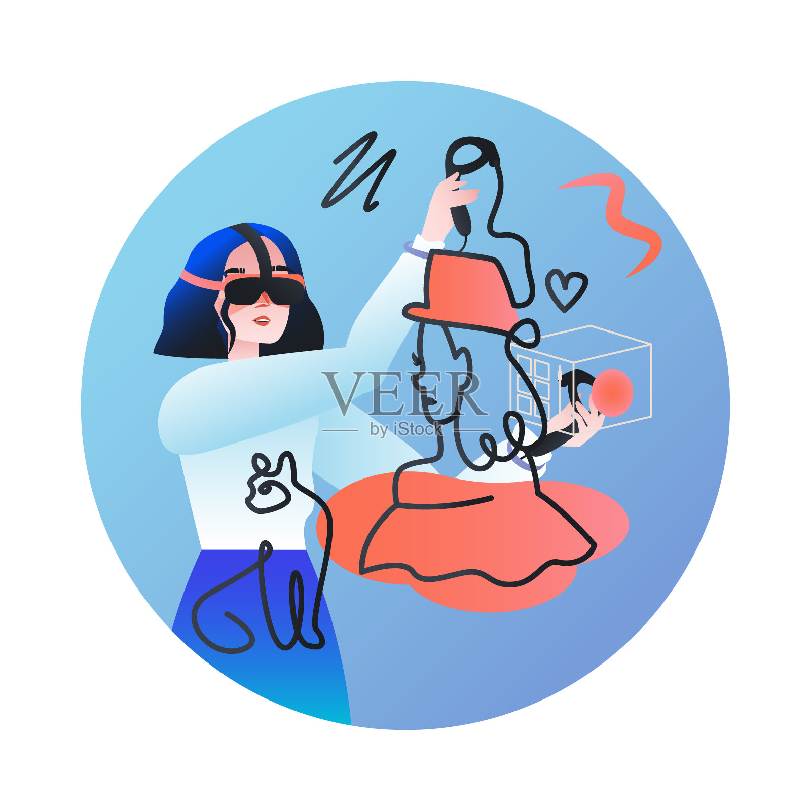 年轻女性戴着VR眼镜，用遥控器在虚拟现实中画画插画图片素材