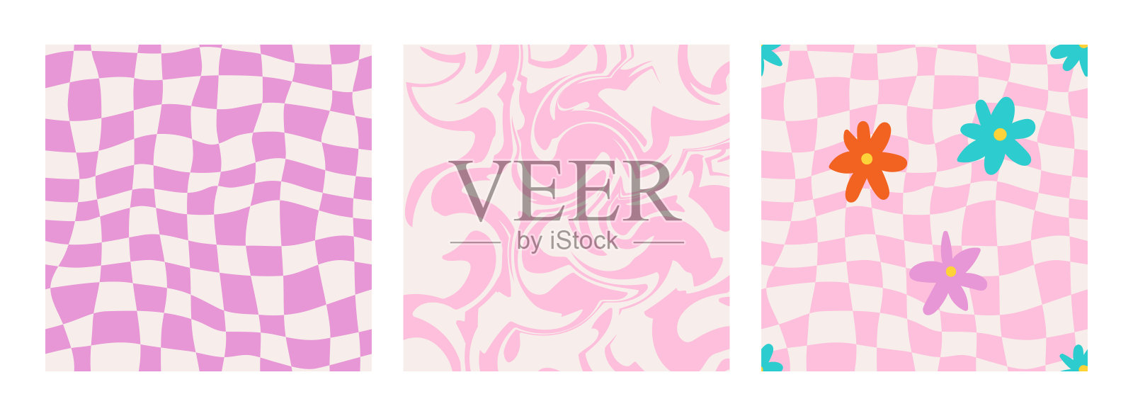 1970菊花，梦幻般的网格，波浪漩涡无缝图案设置在柔和的粉红色。手绘矢量插图。70年代风格，时髦的背景，壁纸。平面设计，嬉皮美学。插画图片素材