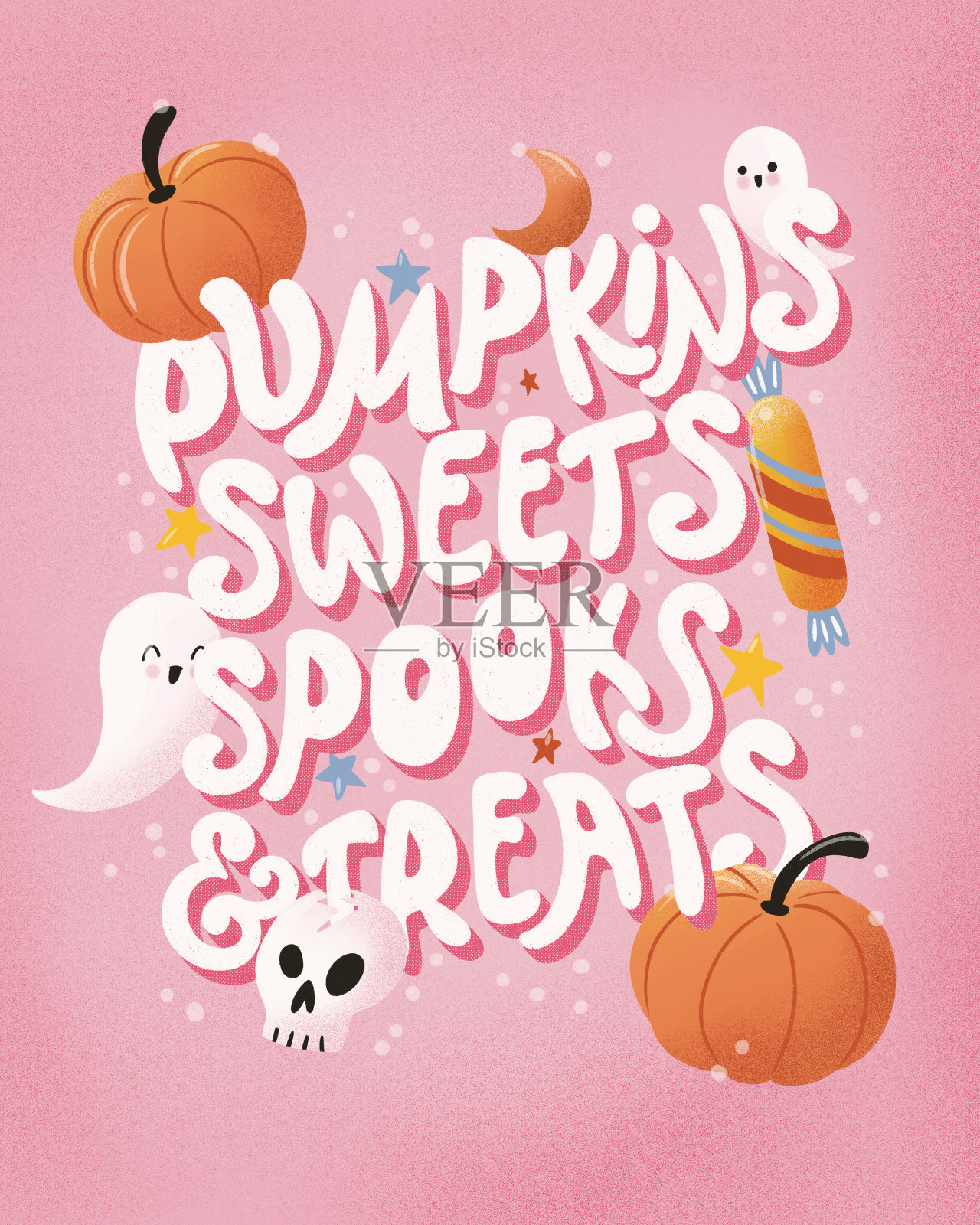 快乐的万圣节插图与手写信息和可爱的鬼魂和南瓜插画图片素材