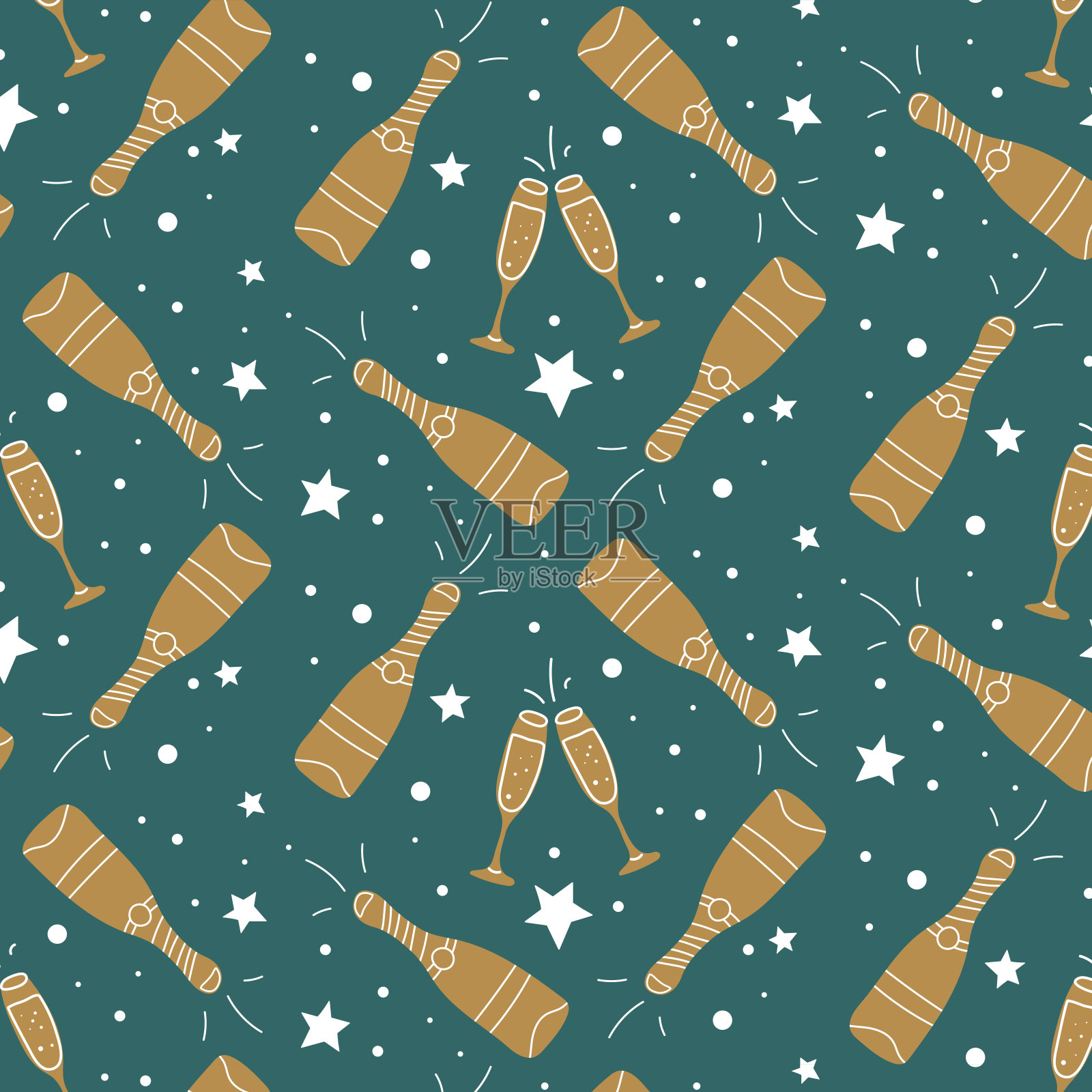 无缝的新年图案配上酒杯和一瓶香槟酒，五彩纸屑图案。晚会，新年庆祝活动-矢量插图。插画图片素材