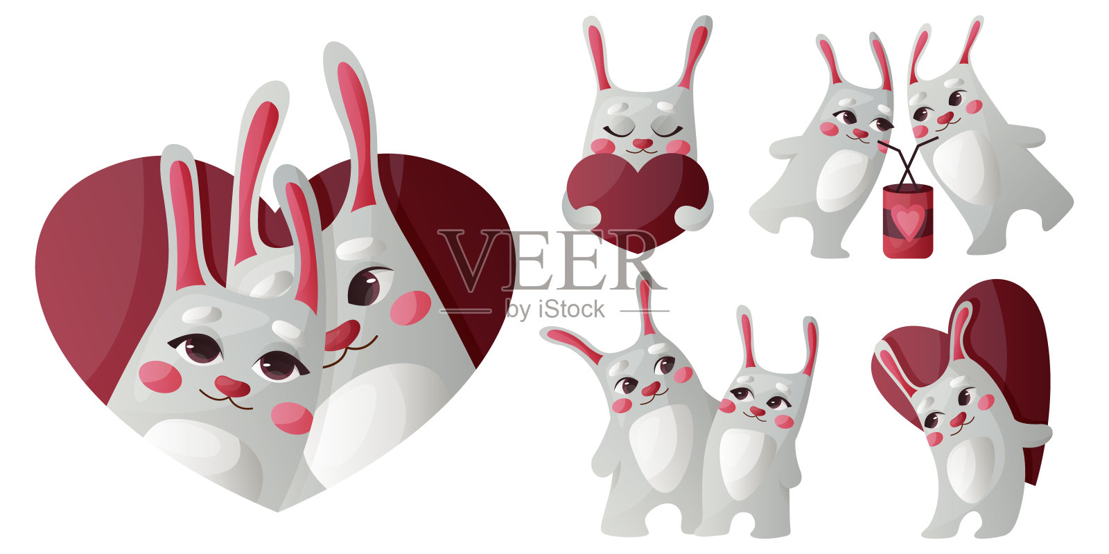 一套可爱浪漫的兔子性格明信片插画图片素材