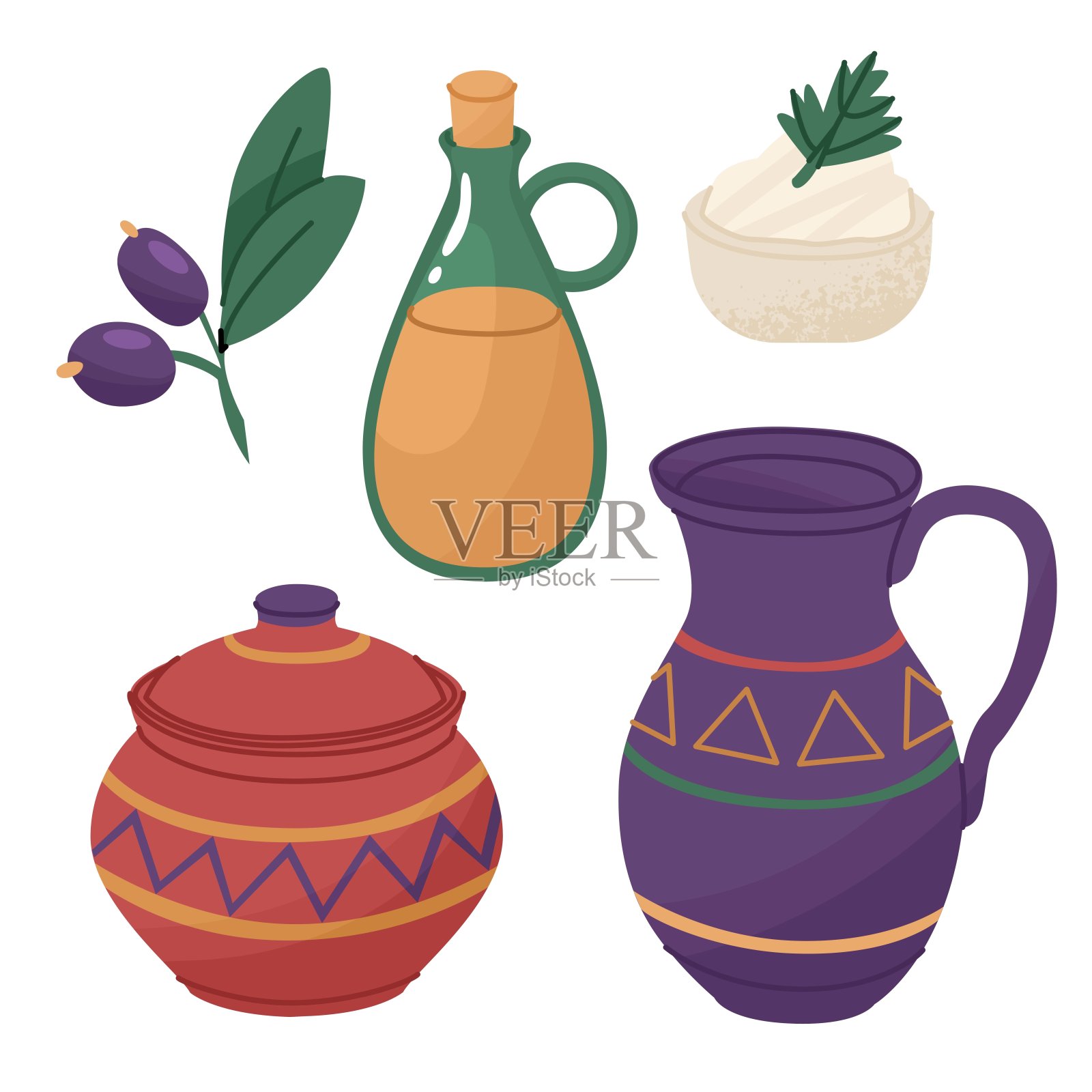 一套传统菜肴。水壶，瓶子装橄榄油。庆祝犹太传统节日光明节。家庭价值观和宗教仪式。矢量插图隔离在白色背景上。插画图片素材