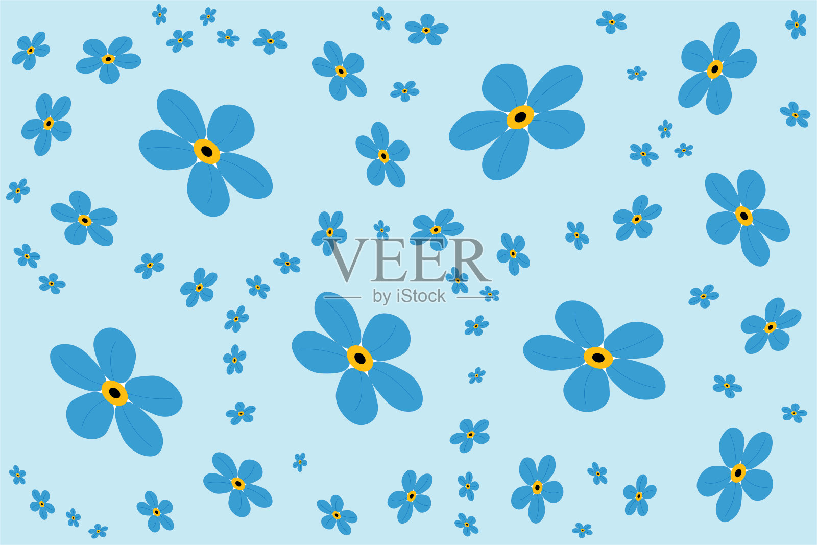插图，在柔和的蓝色背景上的勿忘我花。插画图片素材