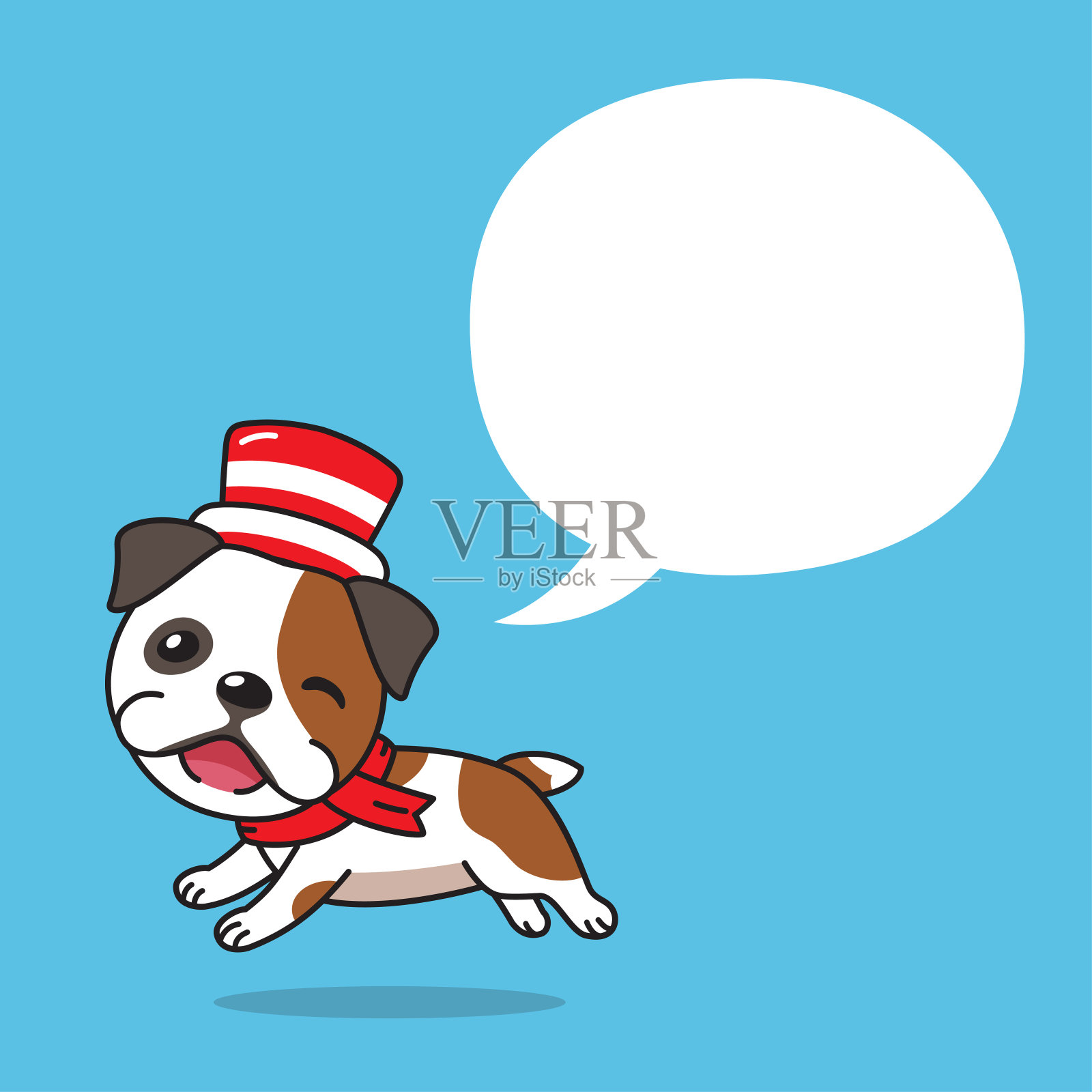 卡通斗牛犬与圣诞服装和言语泡沫插画图片素材