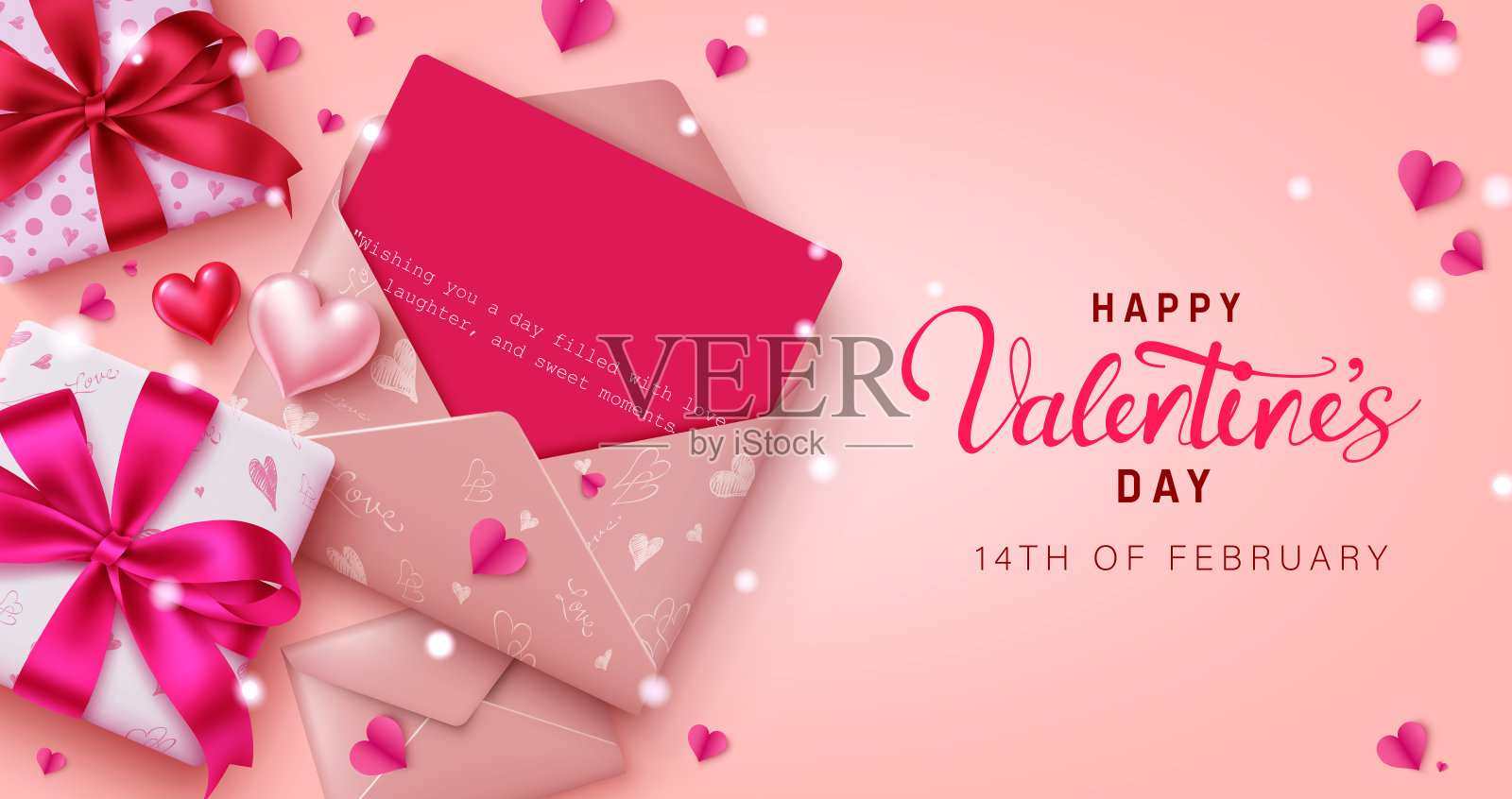 情人节情书矢量设计。情人节快乐的文字以情书和礼盒装饰元素为优雅的背景。插画图片素材