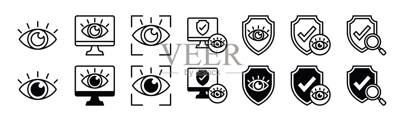 监控图标。监督、观察、监视、监视、防护图标符号为直线、平面样式的应用程序和网站。矢量图插画图片素材