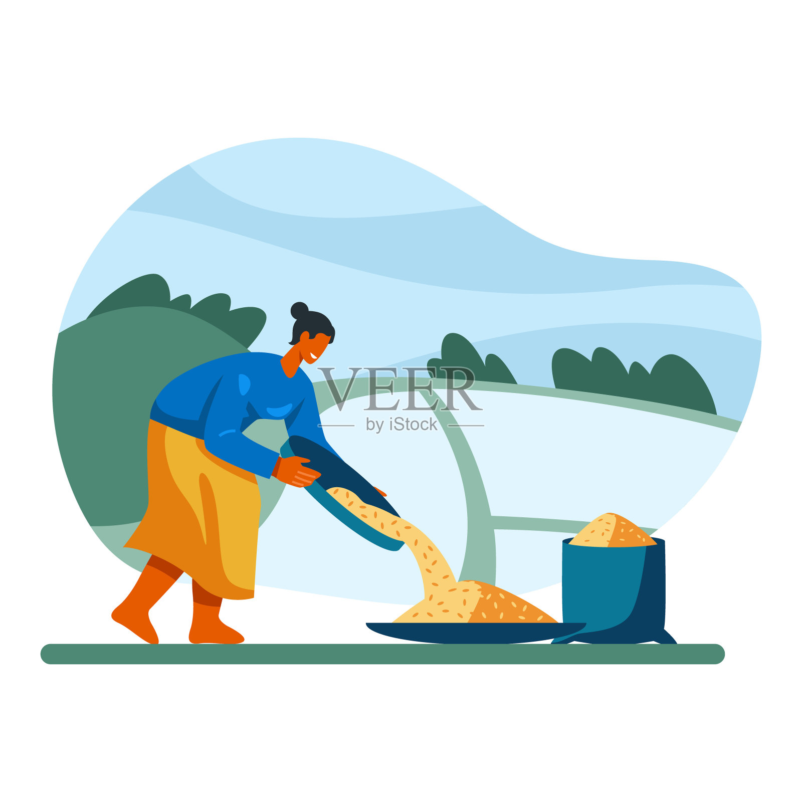 亚洲女性拿着盛有米饭的大盘子，把产品倒进大盘子里插画图片素材