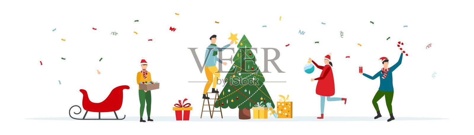 人们装饰圣诞树，幸福家庭在圣诞树和礼物旁插画图片素材