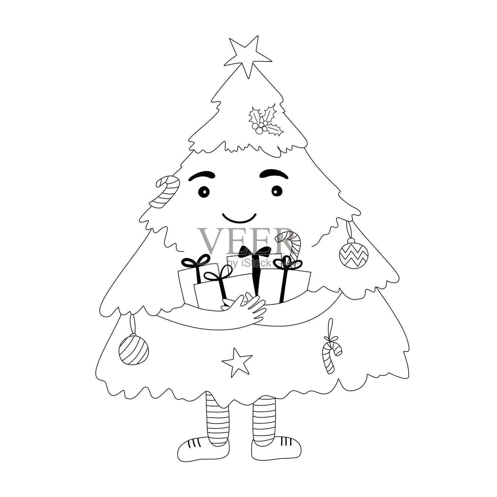 一个微笑的圣诞树在卡通风格，手绘的轮廓矢量。插画图片素材