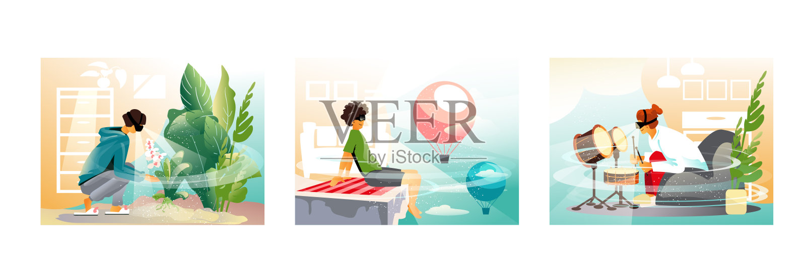 戴着虚拟现实眼镜的女性看着外来植物。女士在看航空统计数据插画图片素材