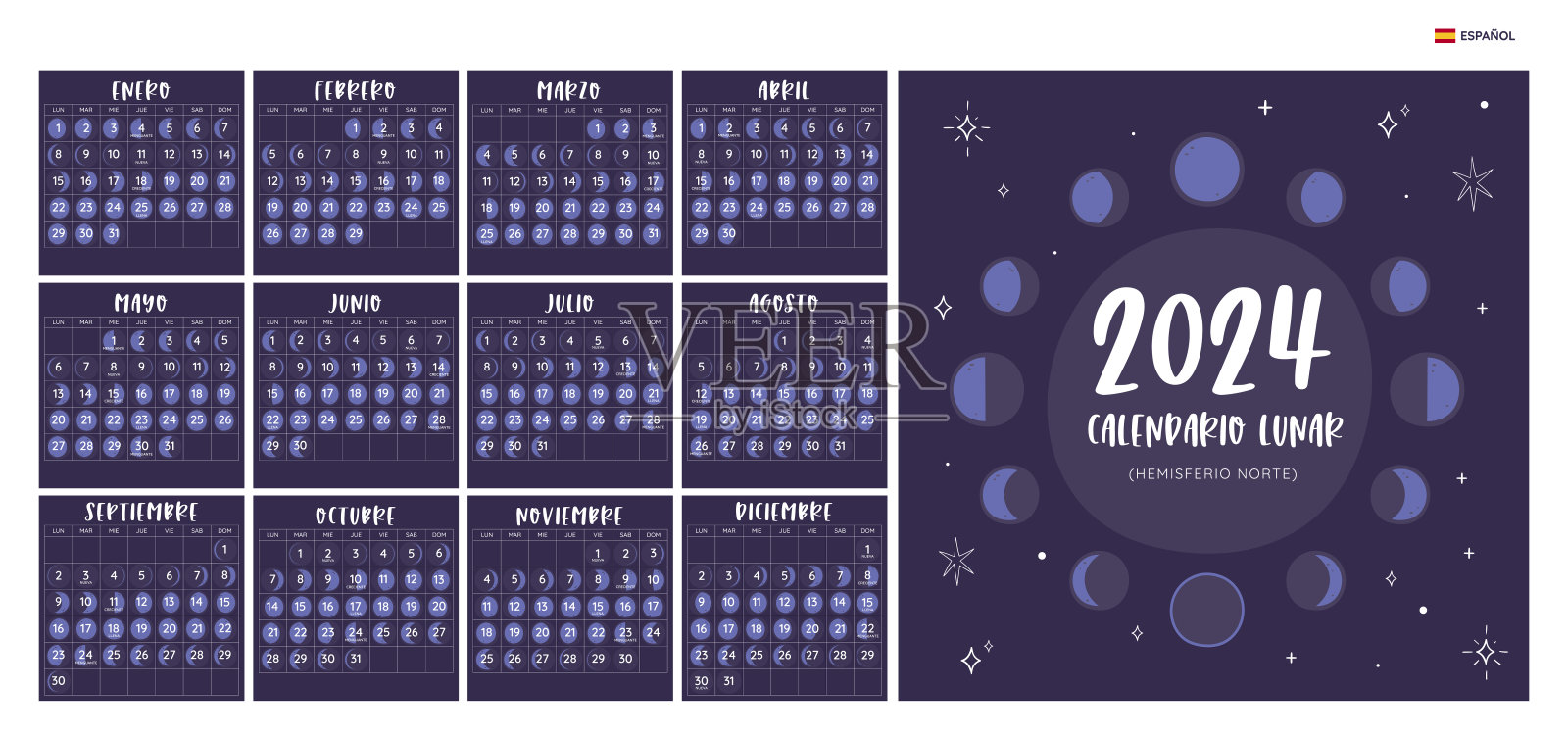 2024年北半球月历-西班牙语插画图片素材