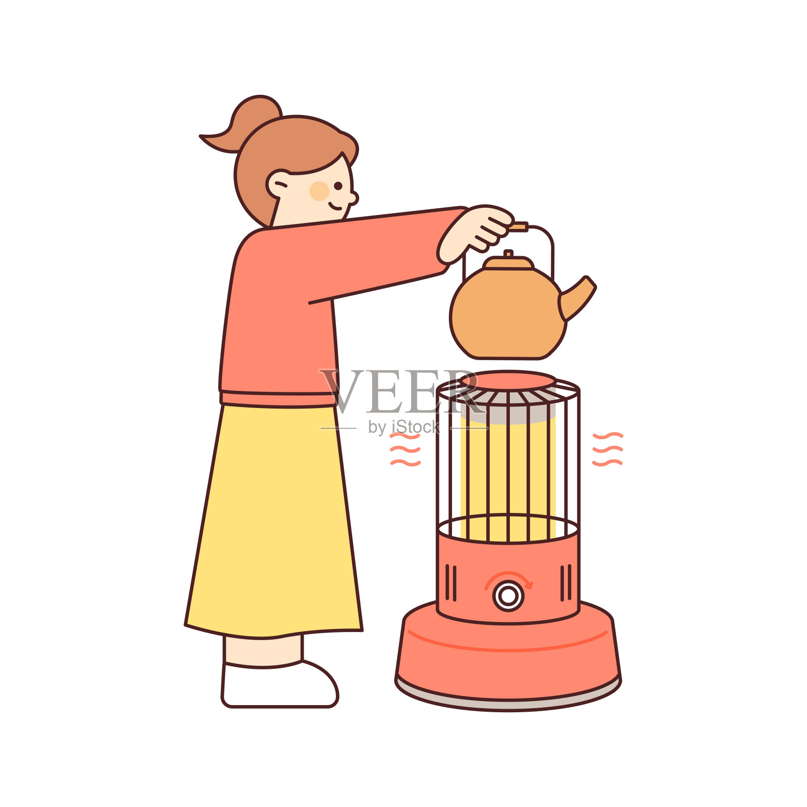 一个女孩正在把水壶放在炉子上。插画图片素材