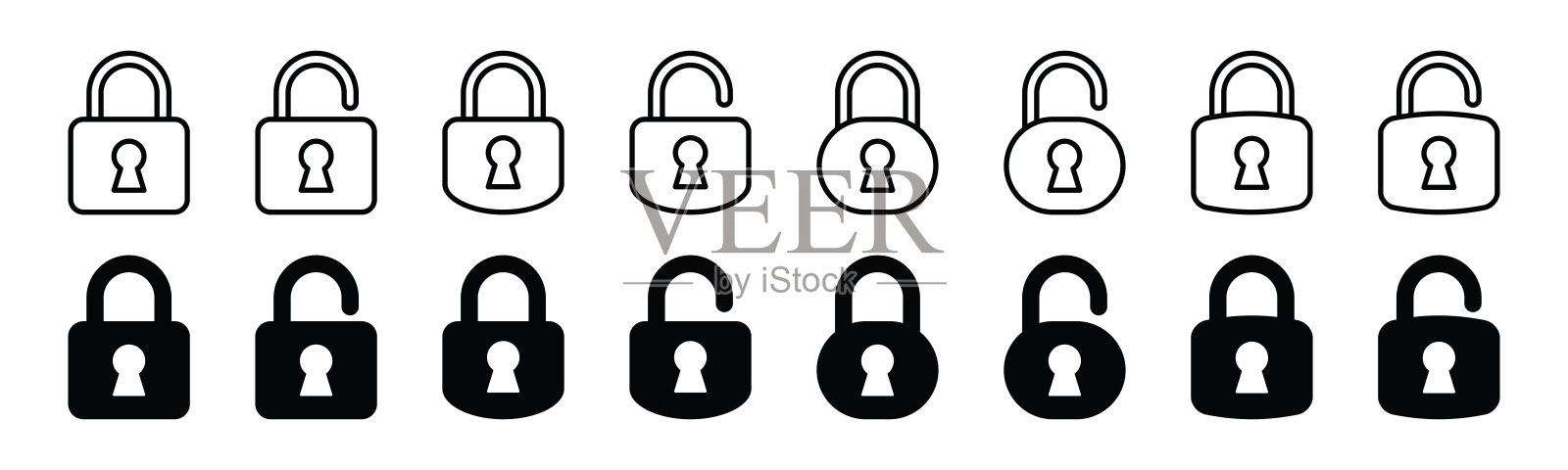 挂锁线图标。锁定和解锁图标符号集合。锁定和解锁图标集。白色背景上的安全标志。矢量图插画图片素材
