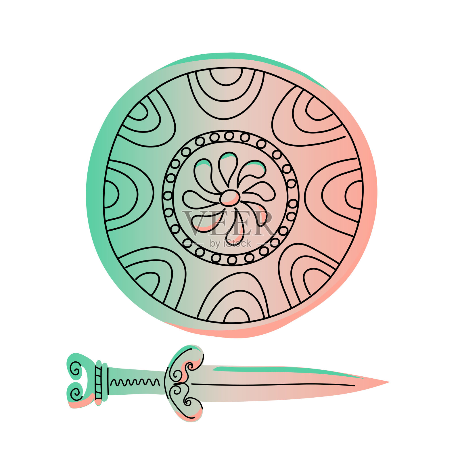 希腊盾和剑孤立。古老的武器。元素的颜色渐变和线条。手绘。矢量插图。插画图片素材