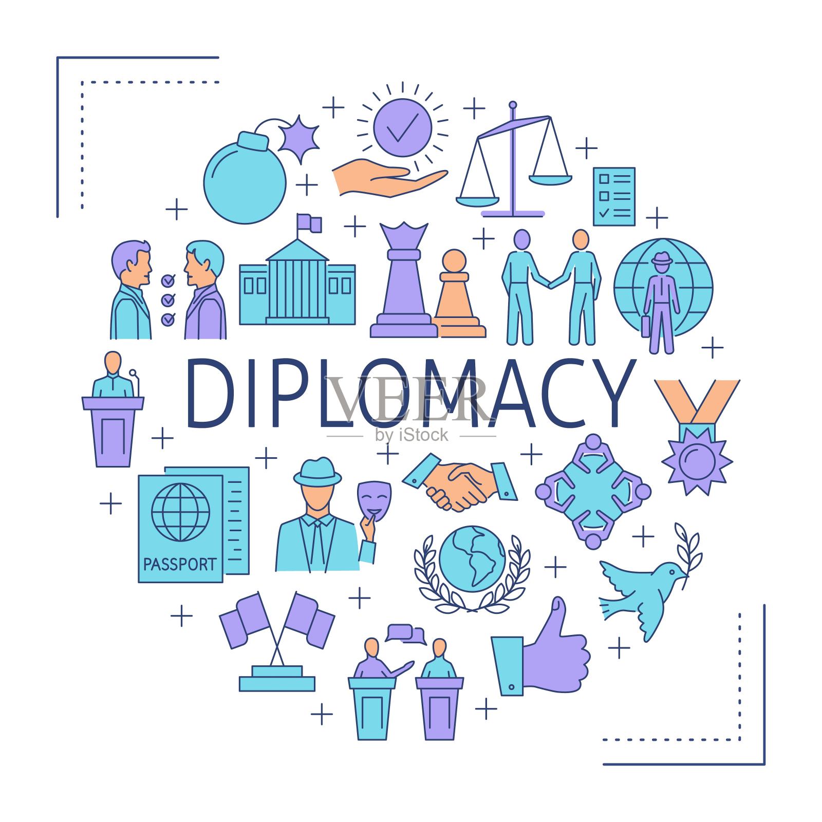 外交圆形海报，线条风格插画图片素材