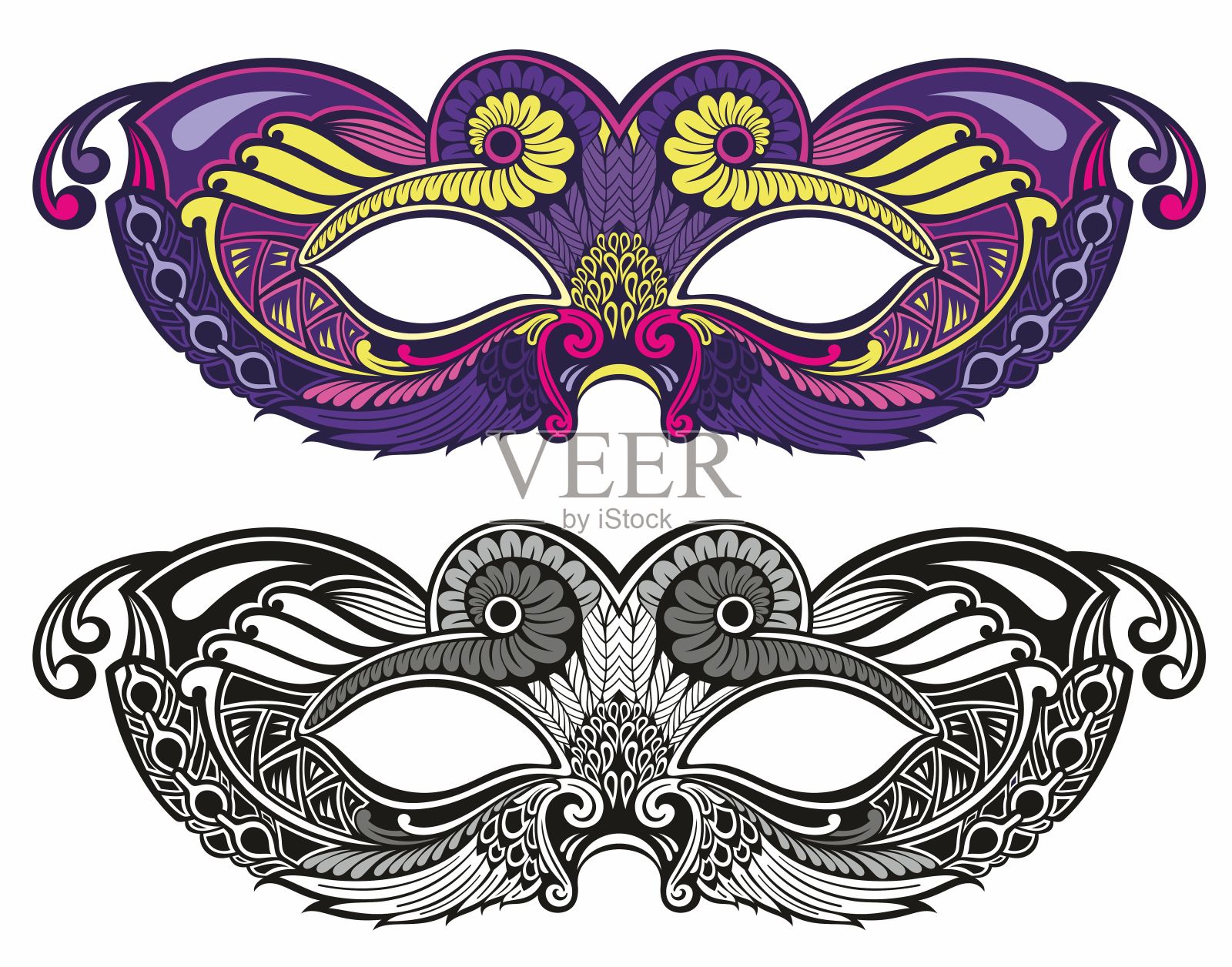 嘉年华面具的剪影。面具的图标，为聚会，游行和狂欢节，为狂欢节和万圣节。蒙版元素可以用作孤立的符号、符号或图标。插画图片素材