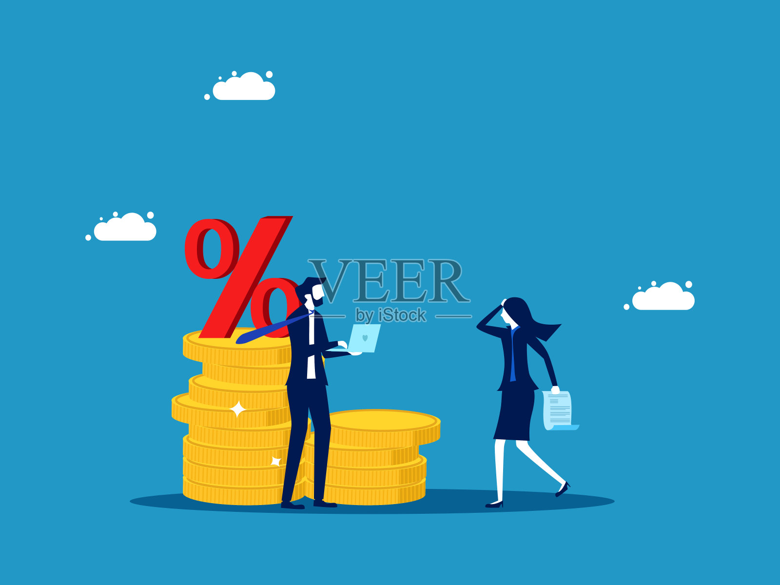 支付利息通知书。女商人手里拿着一堆硬币上标有百分比的钞票插画图片素材