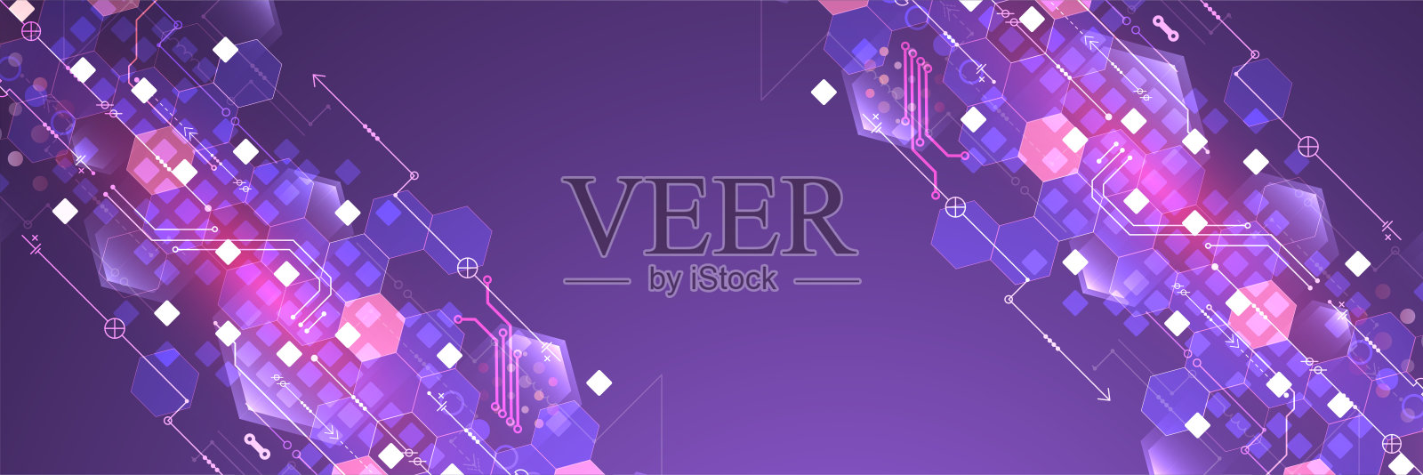 在渐变色背景上抽象电路板和六边形。高科技数码科技理念。插画图片素材