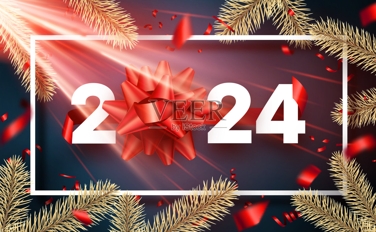 2024年新年快乐，白色的纸上有闪亮的红色蝴蝶结，抽象的横幅上有金色的杉木树枝和红色的纸屑。插画图片素材