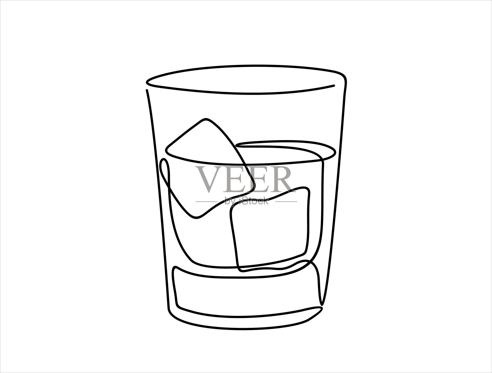 威士忌在玻璃与冰连续一行画极简主义设计孤立的白色背景插画图片素材