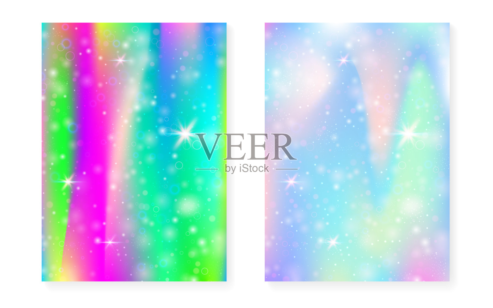 独角兽背景与卡哇伊魔法梯度。彩虹公主全息图。插画图片素材