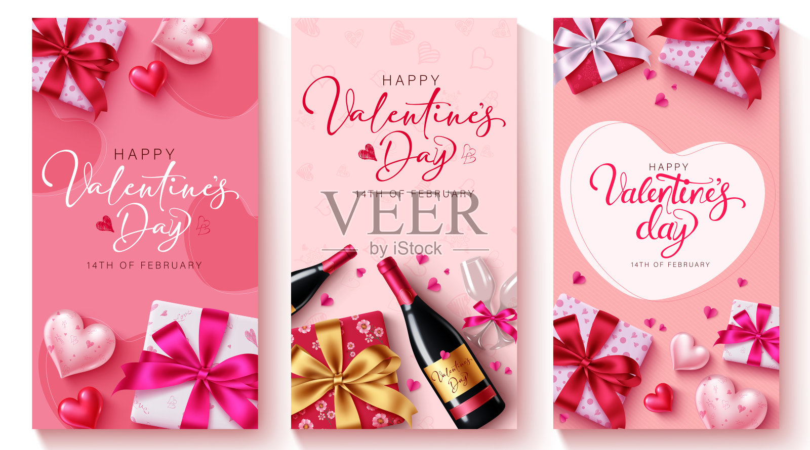 情人节快乐的文字矢量海报集。情人节的礼品标签和贺卡布置与礼盒和葡萄酒装饰元素的集合。插画图片素材