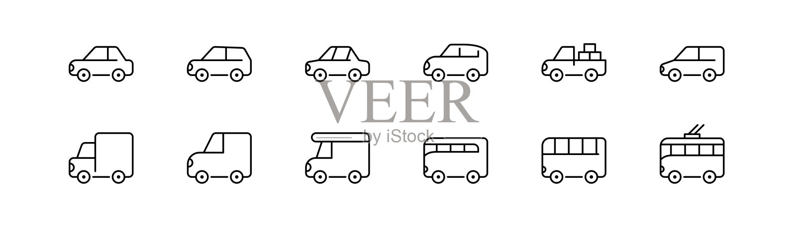 运输线路图标。一组汽车图标。卡车和公共汽车。公共交通线路图标。汽车集。可编辑的中风。矢量插图。插画图片素材