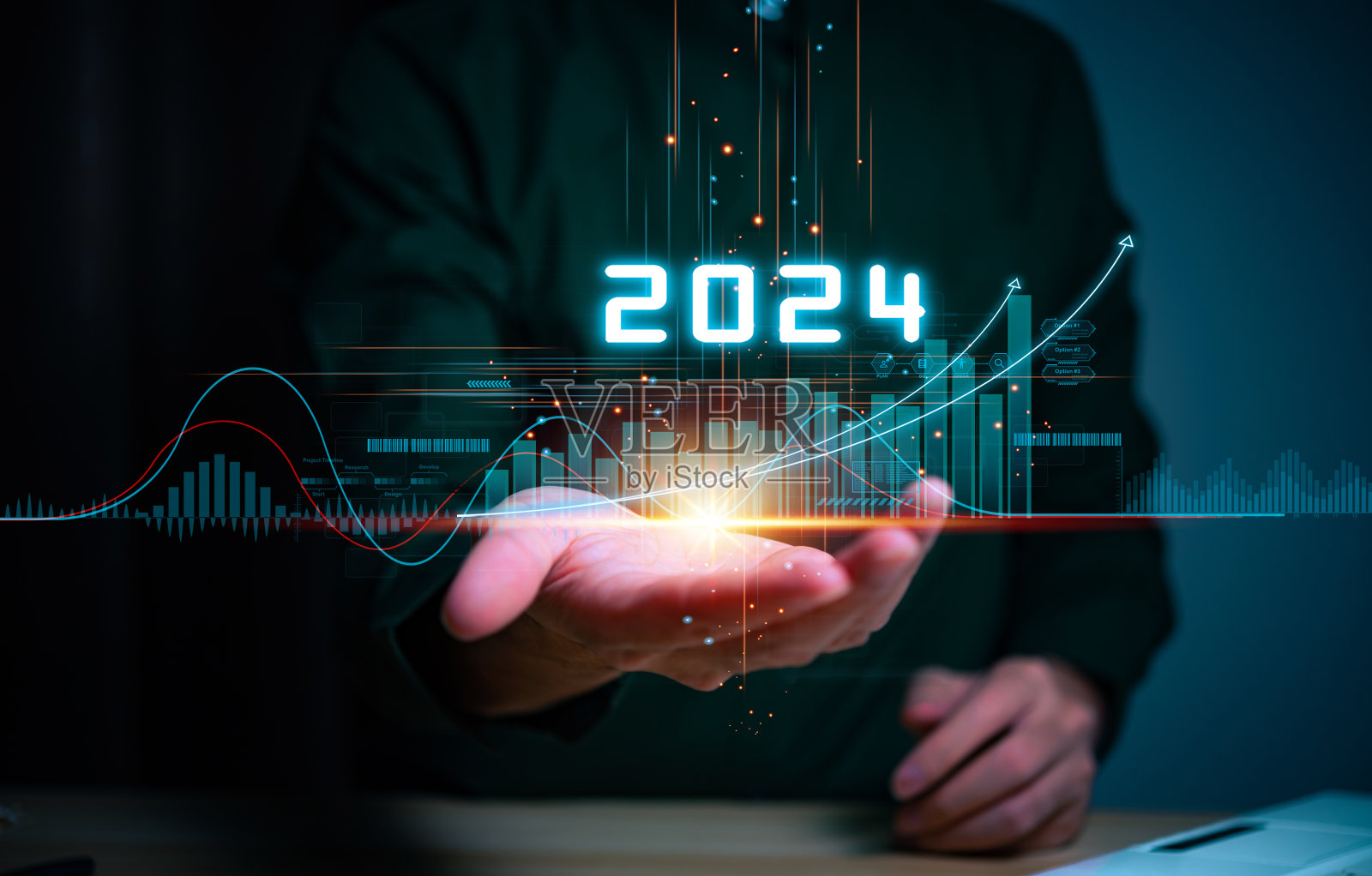 商人手持增长箭头图企业未来增长2023年至2024年。2024年的新目标、计划和愿景、机遇、挑战和商业战略。照片摄影图片