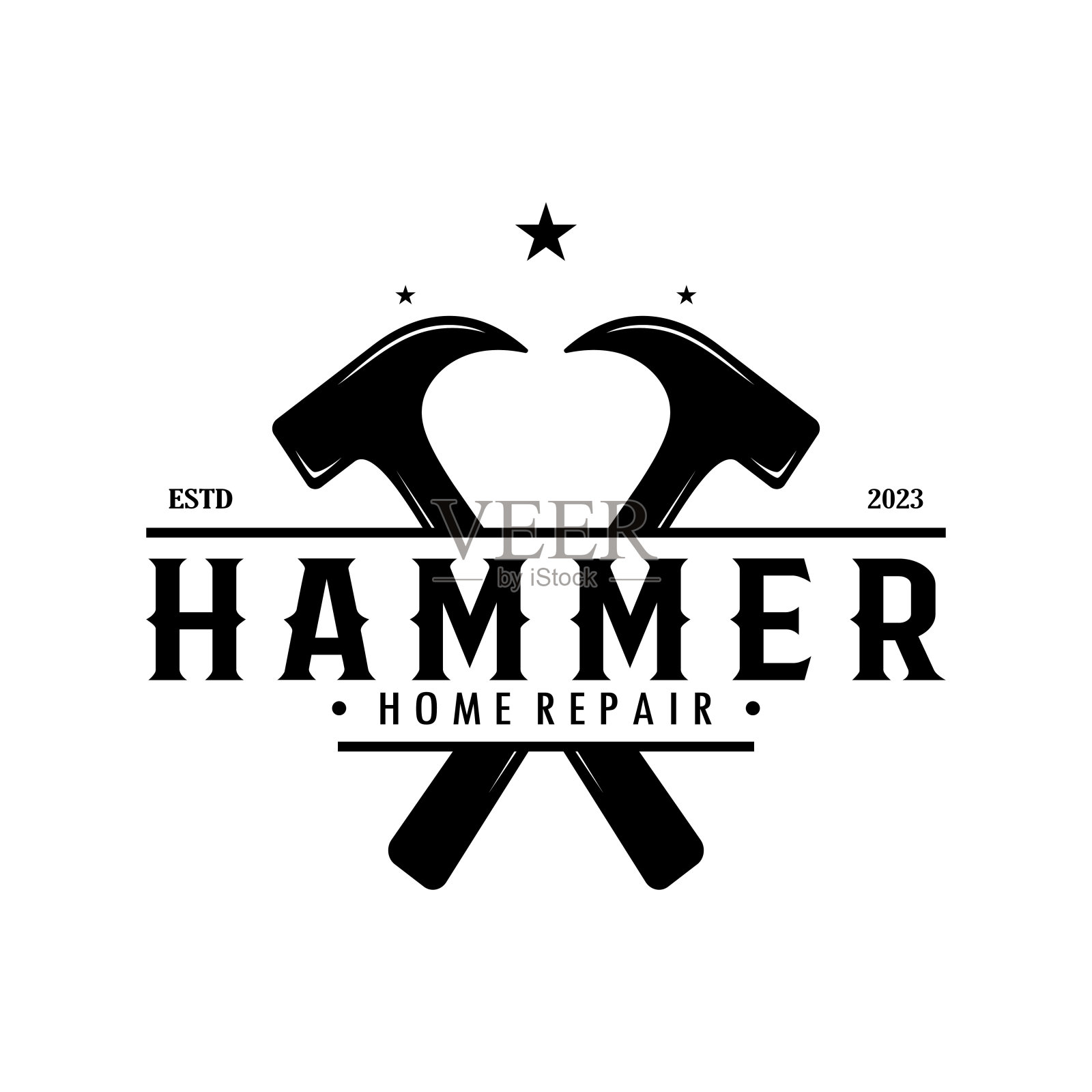 复古复古的交叉锤子和钉子标志，用于家庭维修服务，木工，徽章，建筑商，木工，建筑，矢量插画图片素材